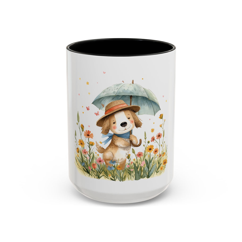 Cute Puppy with Umbrella Coffee Mug — Floral Accent Ceramic Mug (11/15oz)