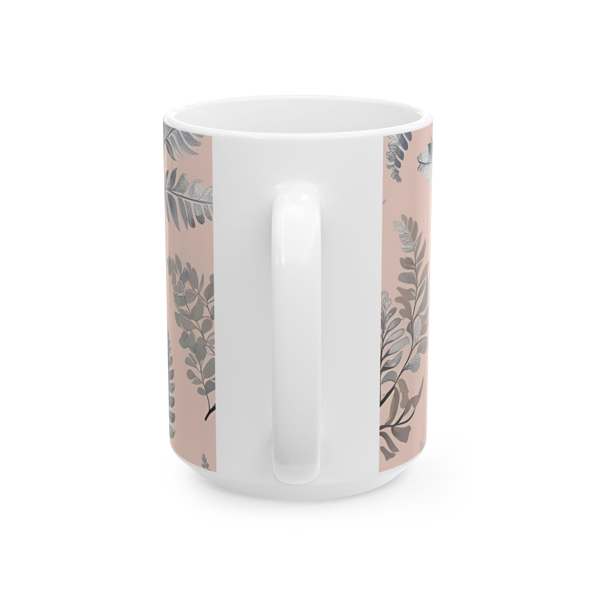 Ceramic printed Mug Botanical Pink — Grey Leaf Pattern (11oz & 15oz)