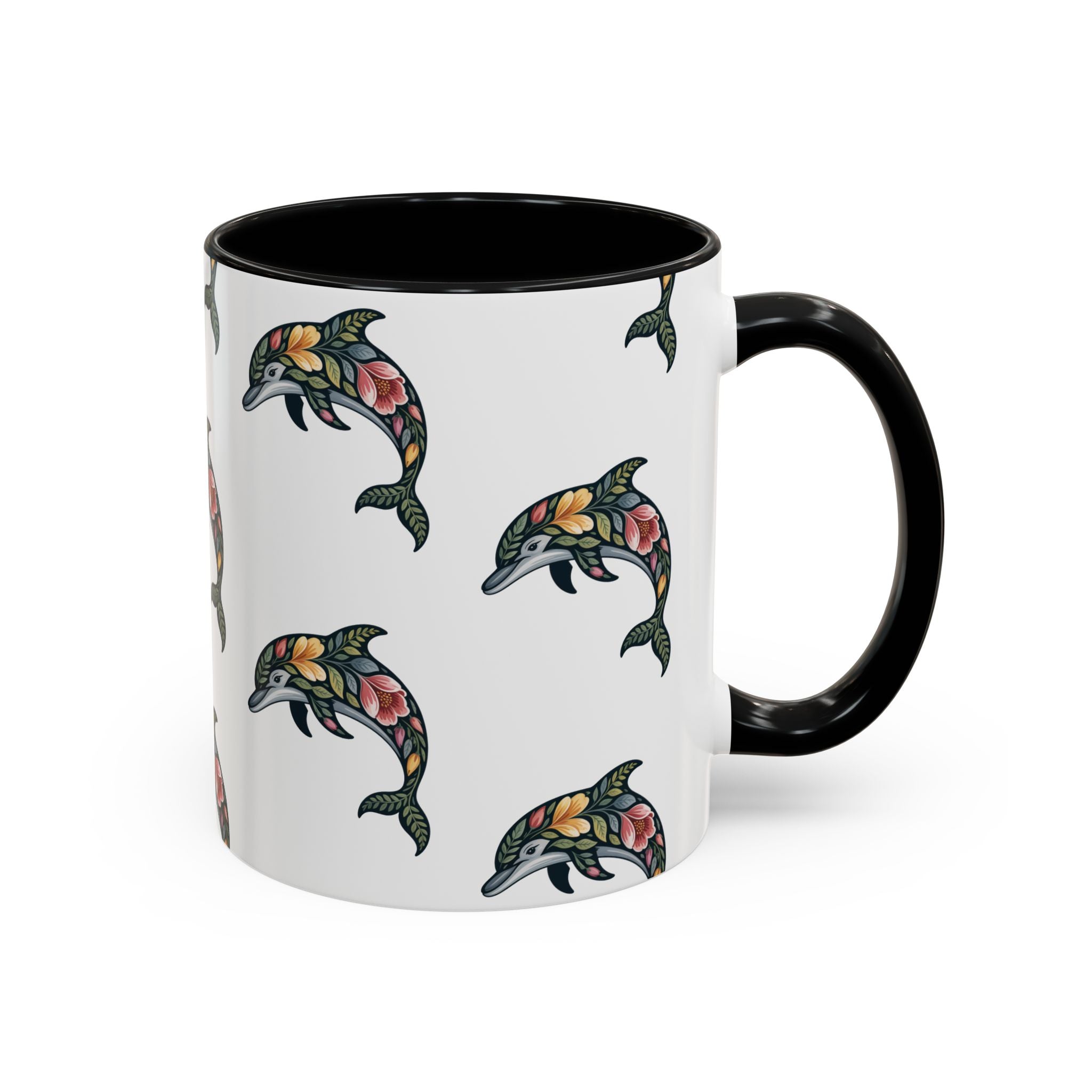 Floral Dolphin Accent Coffee Mug — Colorful Ocean Pattern 11/15oz