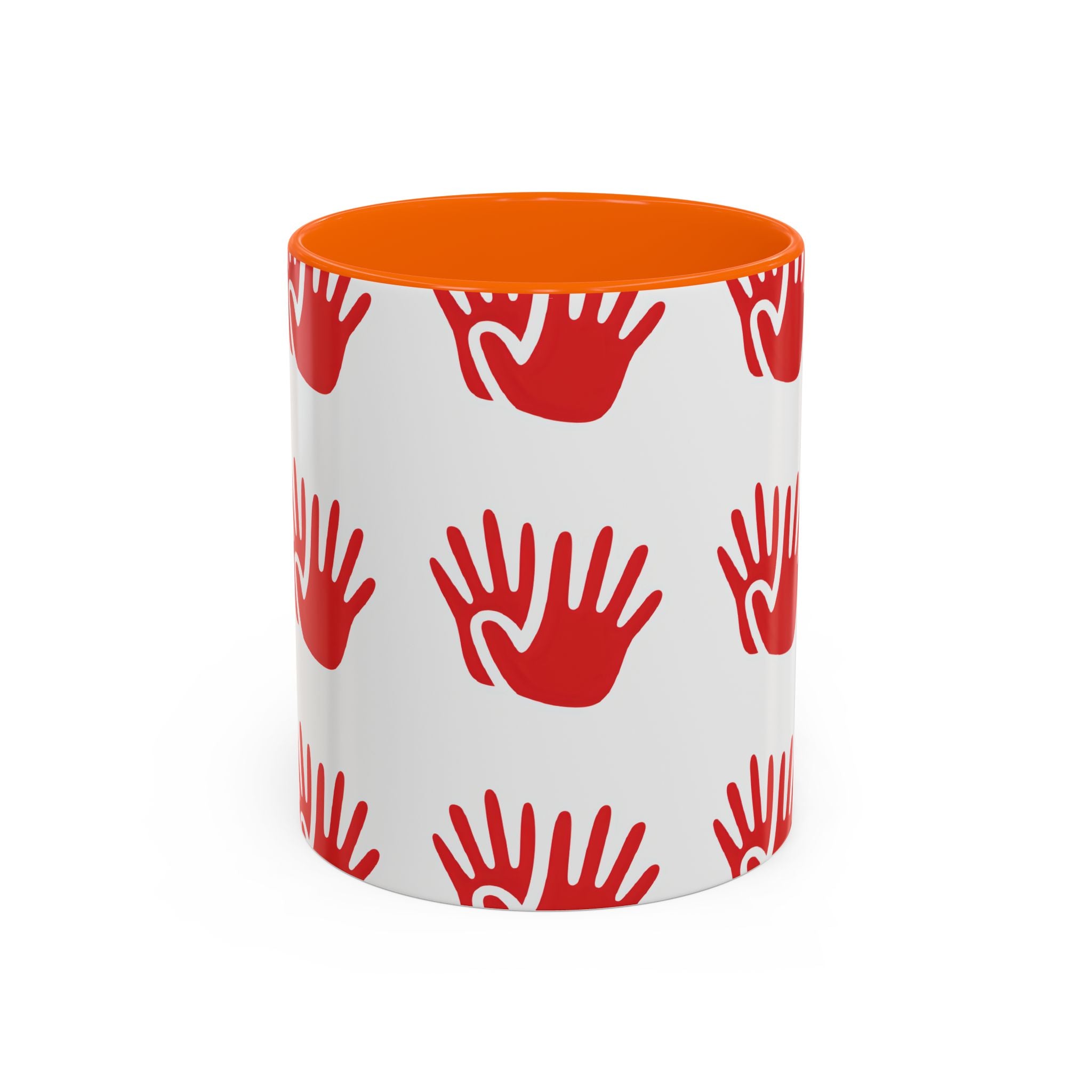 Ceramic printed coffee mug Red Handprint Pattern Accent Coffee Mug — Bold Graphic Ceramic Mug (11/15oz)