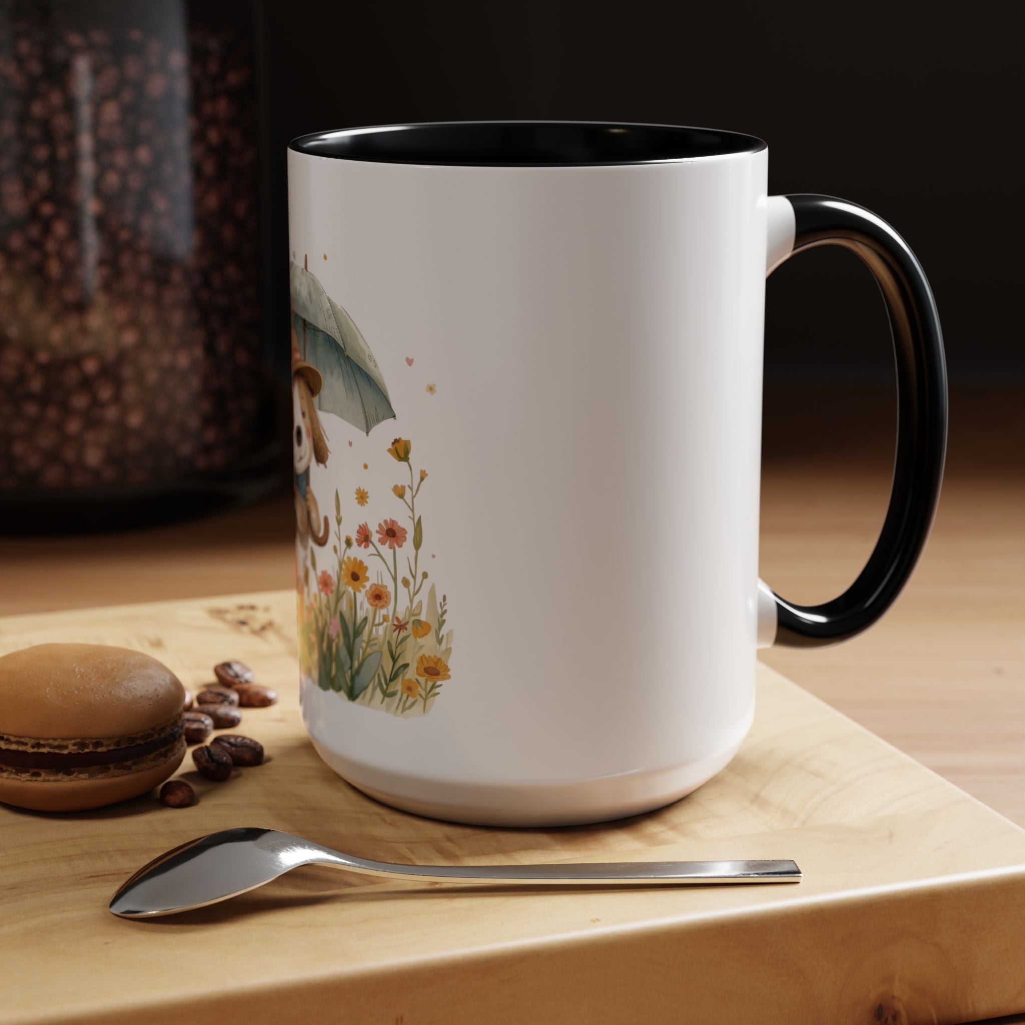 Cute Puppy with Umbrella Coffee Mug — Floral Accent Ceramic Mug (11/15oz)