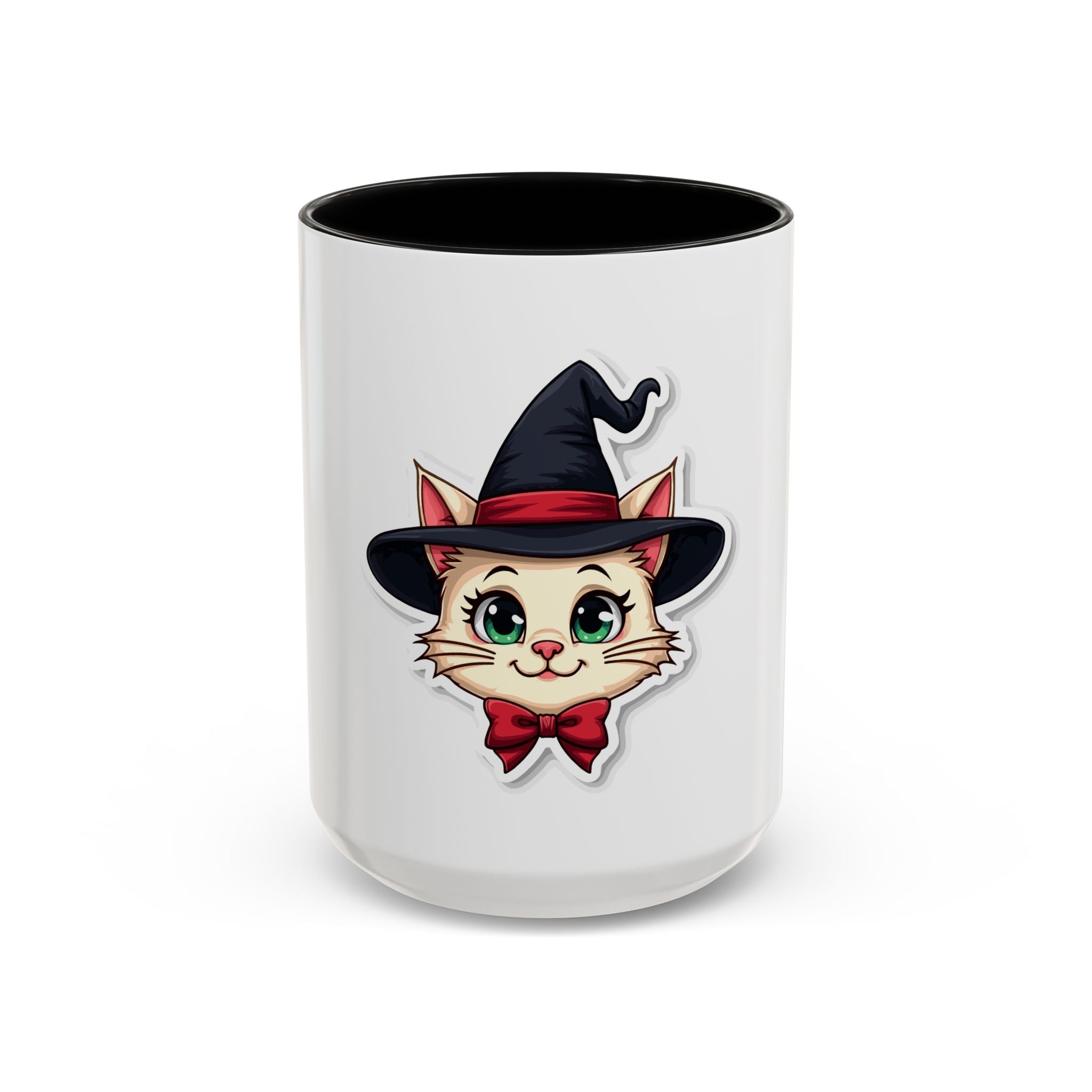 Witch Cat Accent Coffee Mug — Cute Halloween Cat with Witch Hat (11/15oz)