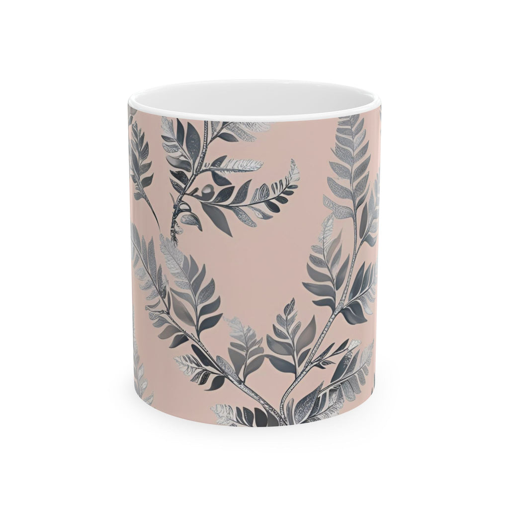 Ceramic printed Mug Botanical Pink — Grey Leaf Pattern (11oz & 15oz)