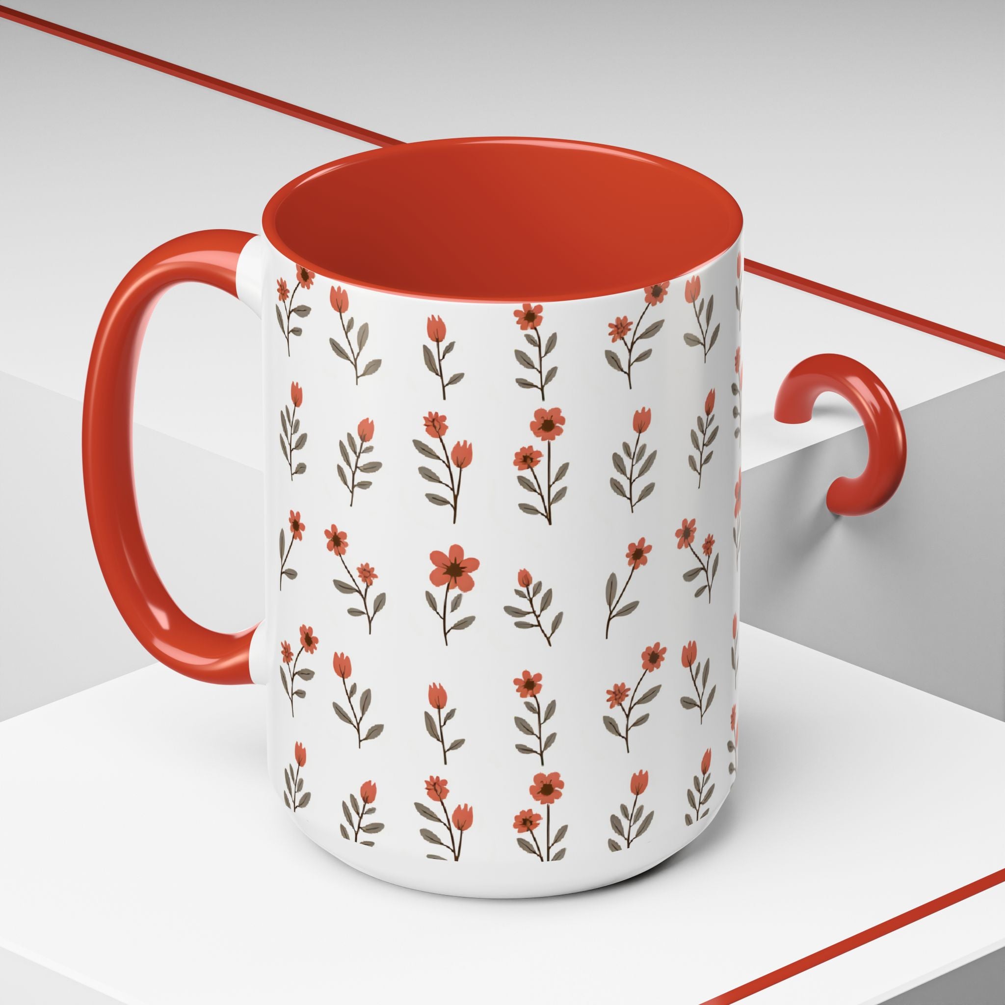 Ceramic printed coffee mug Floral Accent Coffee Mug — Cute Red Wildflower Pattern (11/15oz)