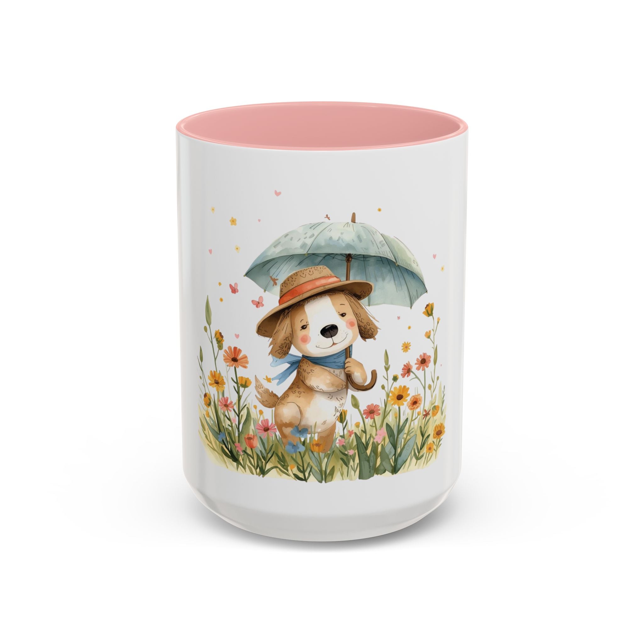 Cute Puppy with Umbrella Coffee Mug — Floral Accent Ceramic Mug (11/15oz)