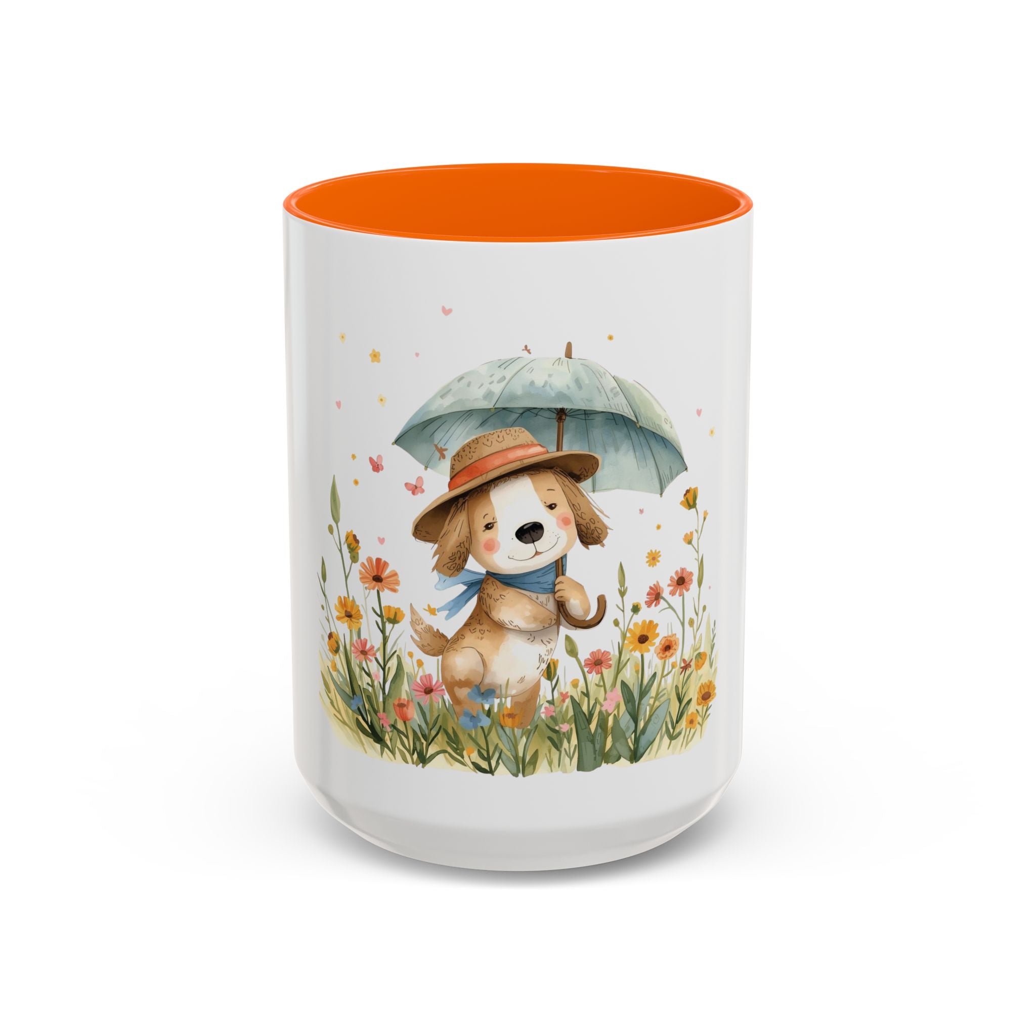 Cute Puppy with Umbrella Coffee Mug — Floral Accent Ceramic Mug (11/15oz)
