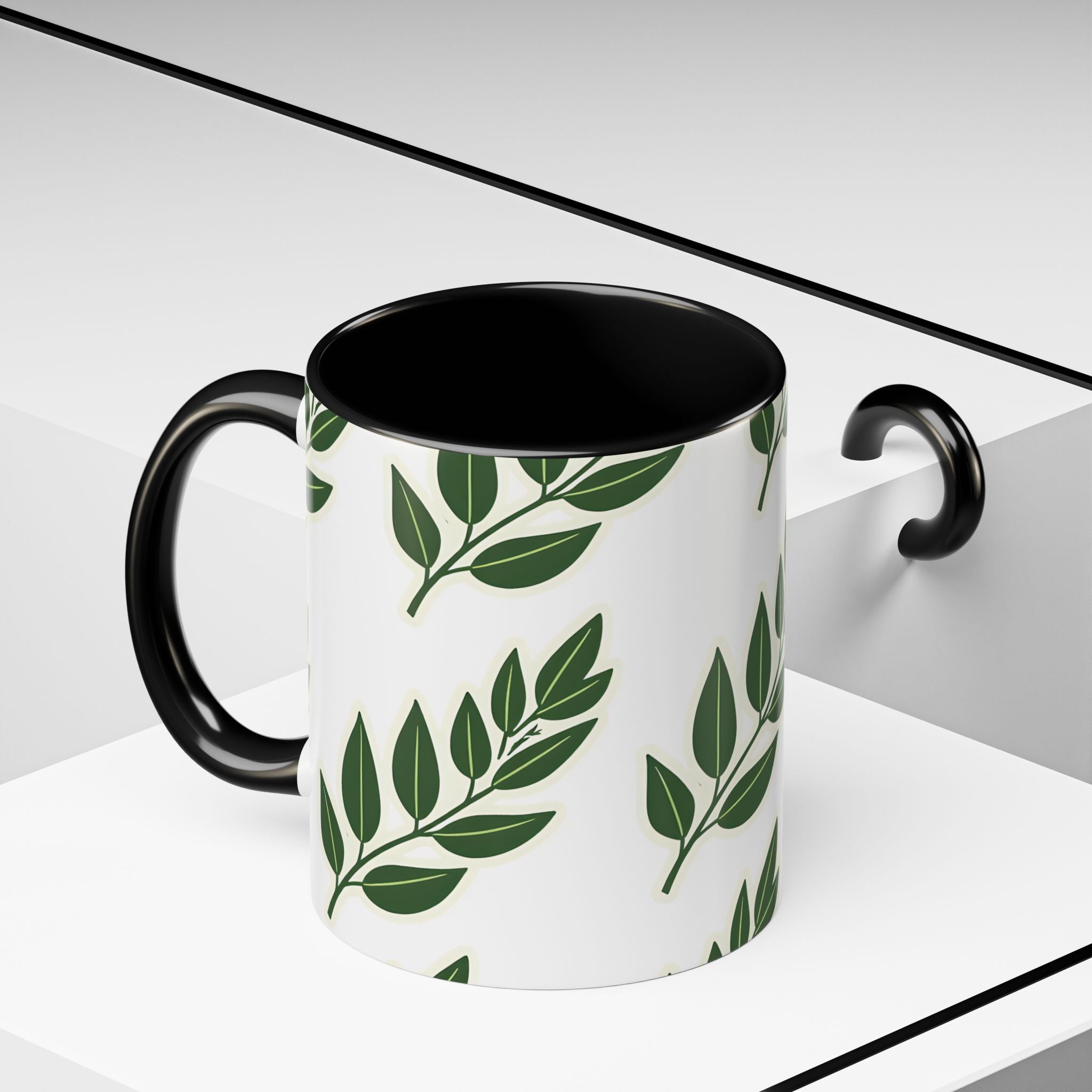 Botanical Leaf Accent Coffee Mug — Green Foliage Ceramic Cup (11/15oz)