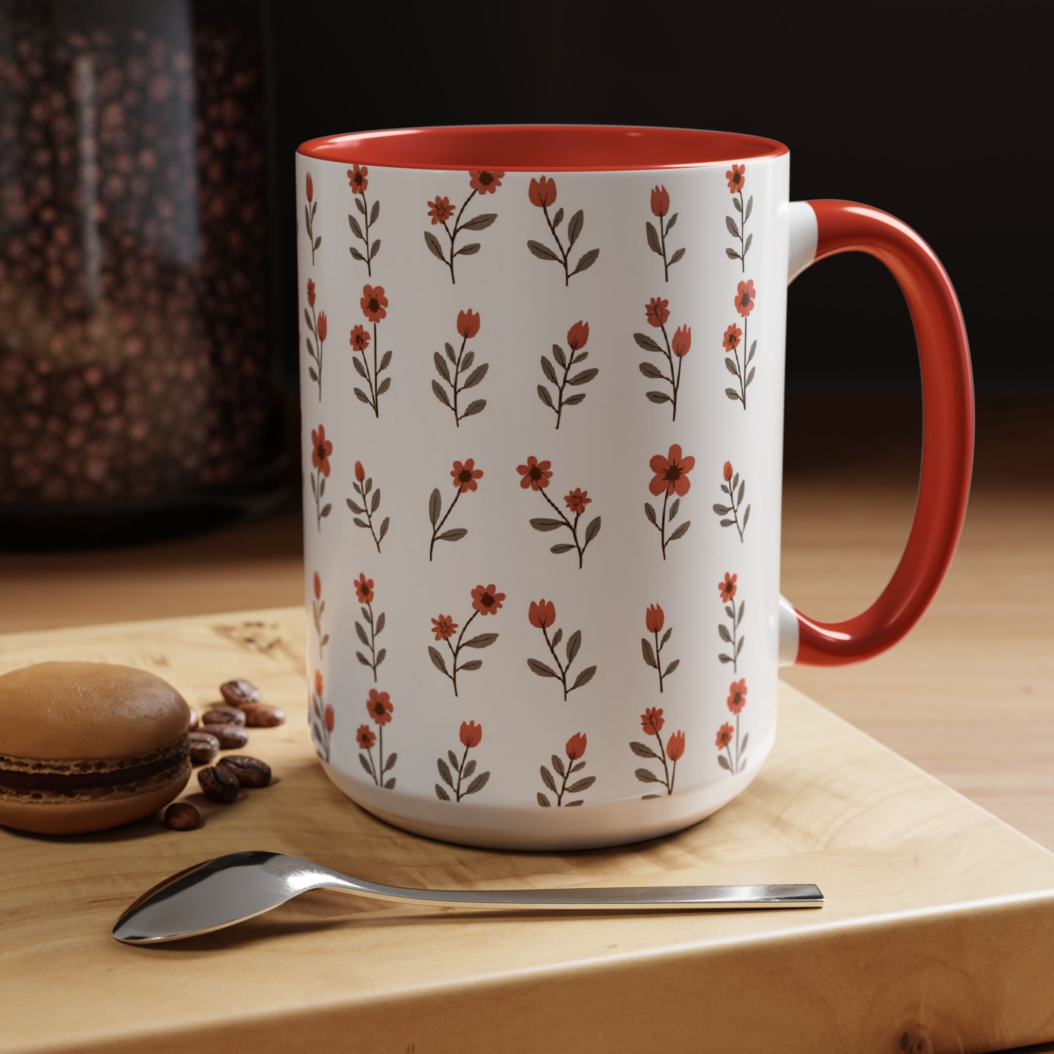 Ceramic printed coffee mug Floral Accent Coffee Mug — Cute Red Wildflower Pattern (11/15oz)