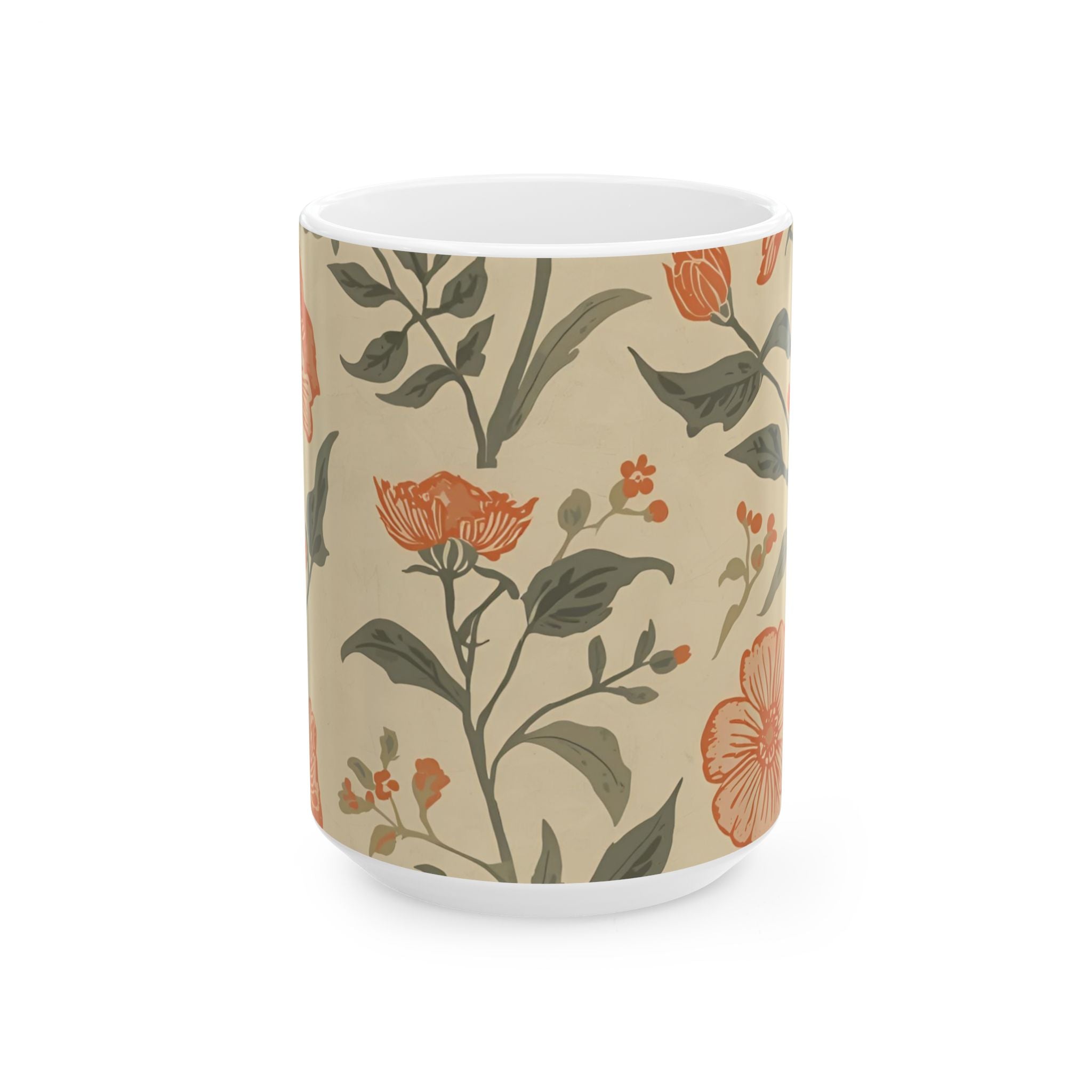 Ceramic Printed Mug Floral Vintage — Neutral Botanical Pattern (15oz)