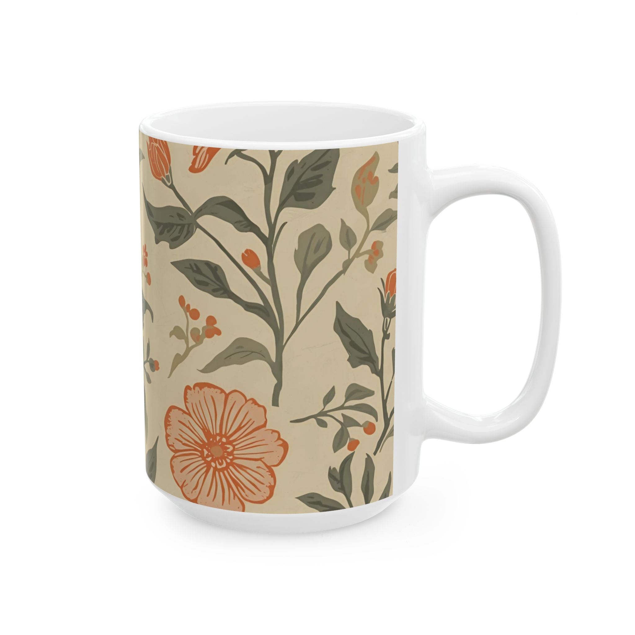 Ceramic Printed Mug Floral Vintage — Neutral Botanical Pattern (15oz)