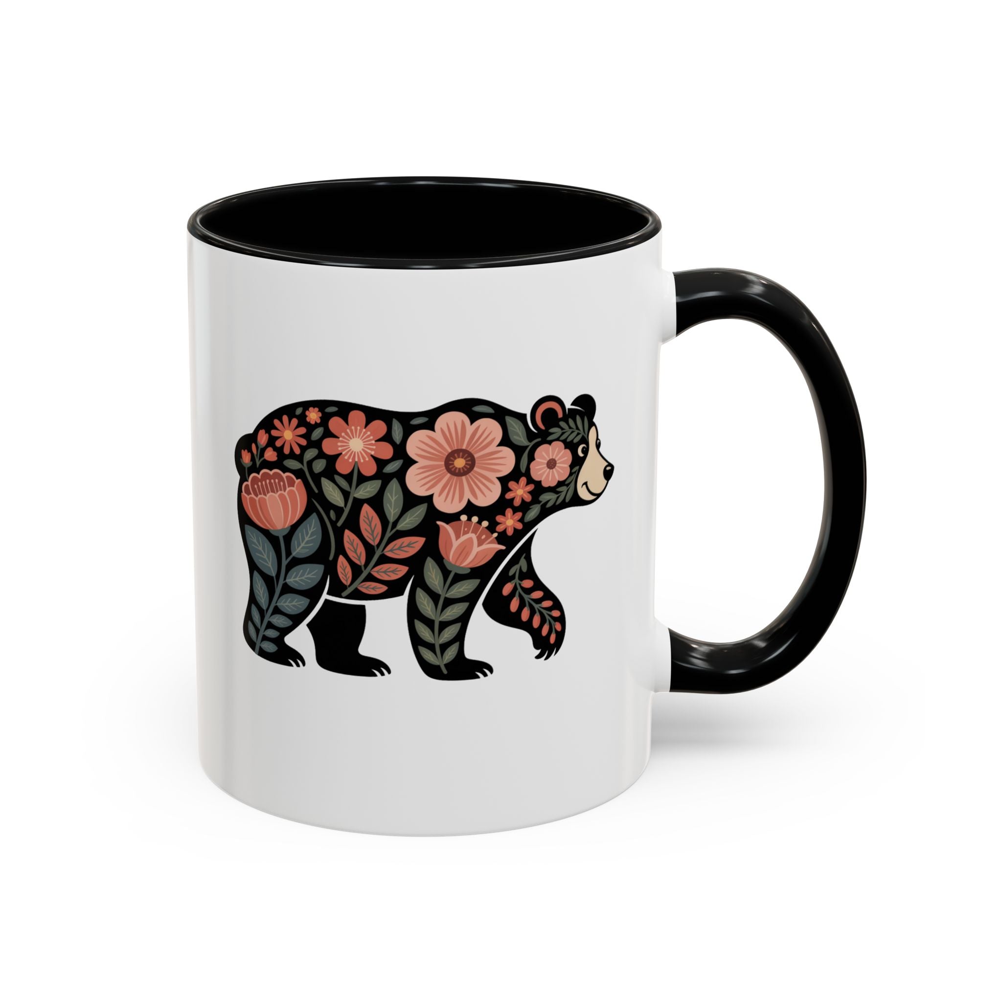 Floral Bear Accent Coffee Mug – 11/15oz Decorative Floral Animal Ceramic Mug