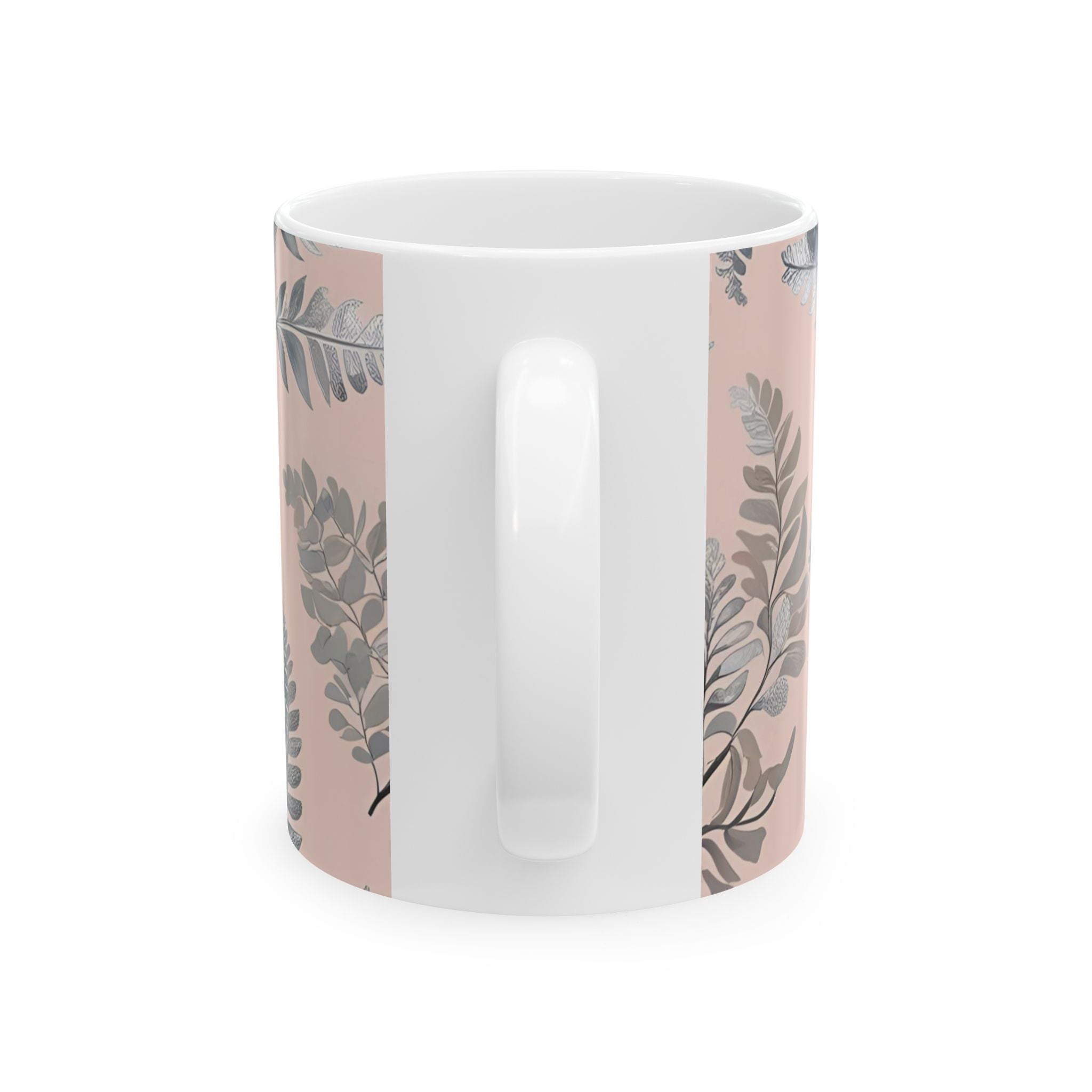 Ceramic printed Mug Botanical Pink — Grey Leaf Pattern (11oz & 15oz)