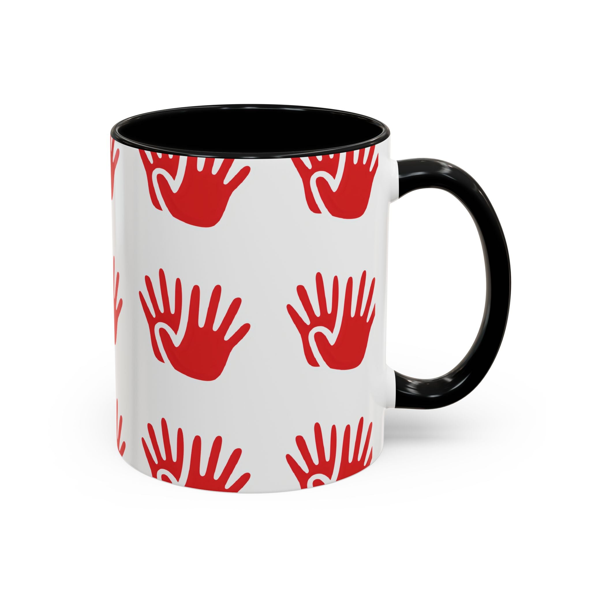 Ceramic printed coffee mug Red Handprint Pattern Accent Coffee Mug — Bold Graphic Ceramic Mug (11/15oz)
