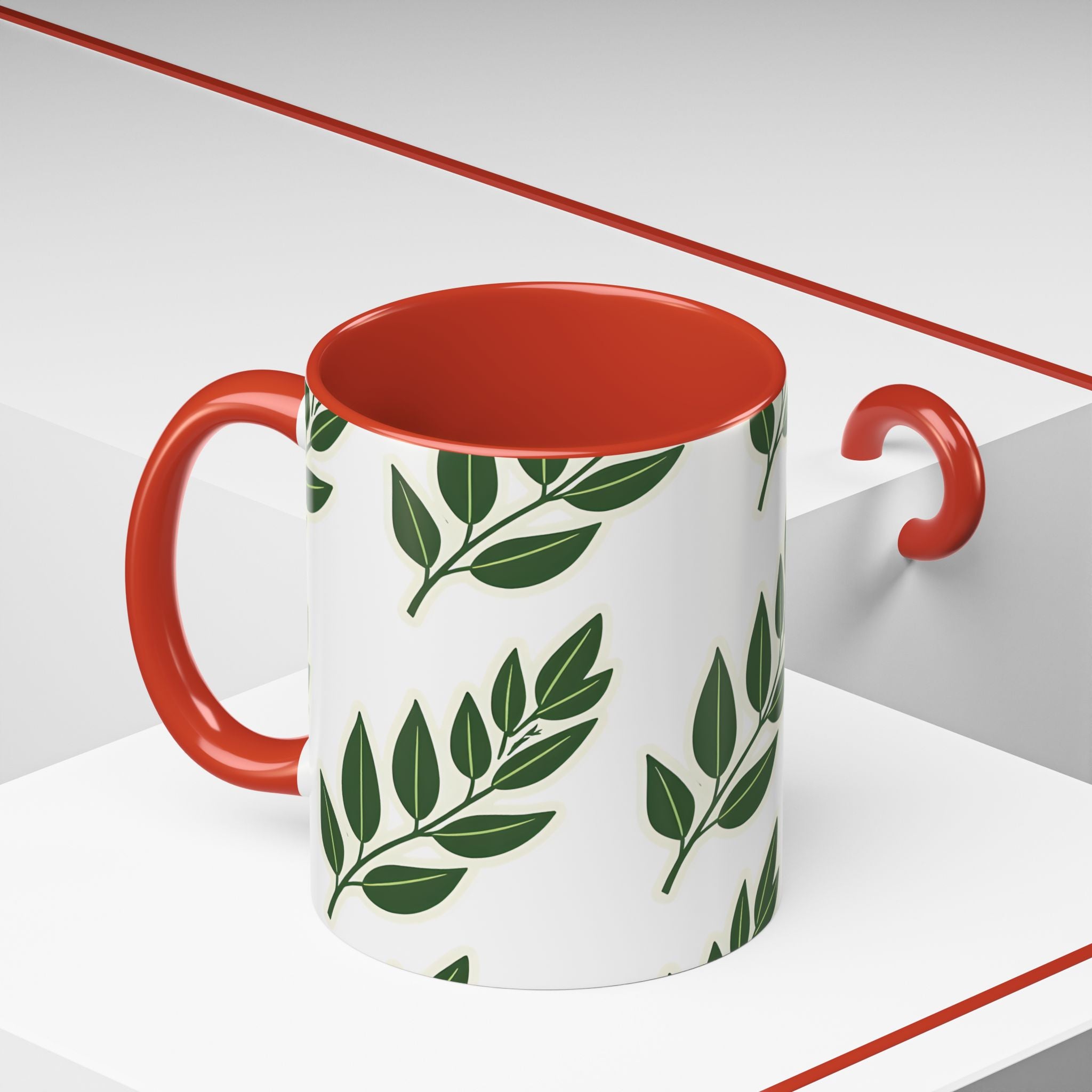 Botanical Leaf Accent Coffee Mug — Green Foliage Ceramic Cup (11/15oz)