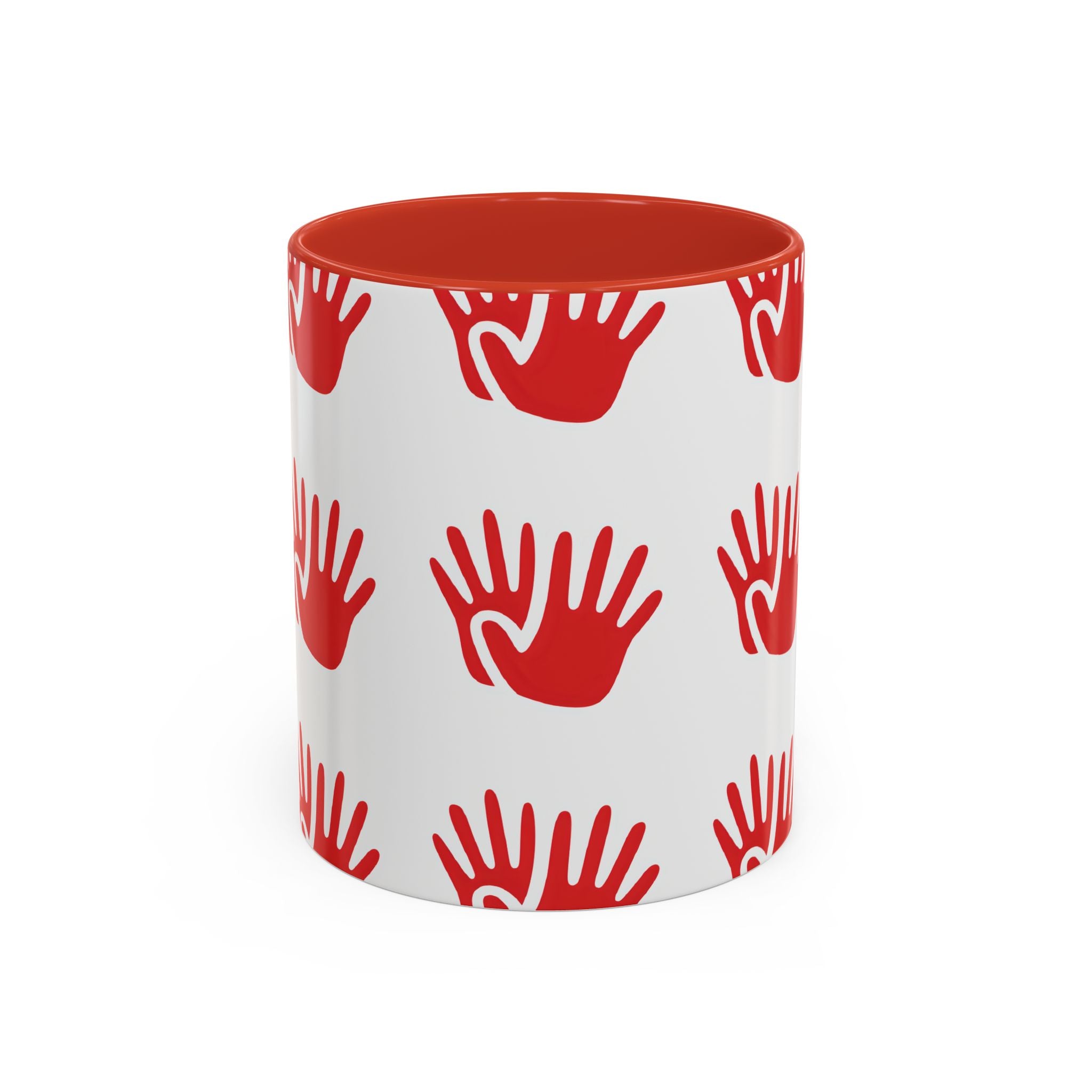 Ceramic printed coffee mug Red Handprint Pattern Accent Coffee Mug — Bold Graphic Ceramic Mug (11/15oz)