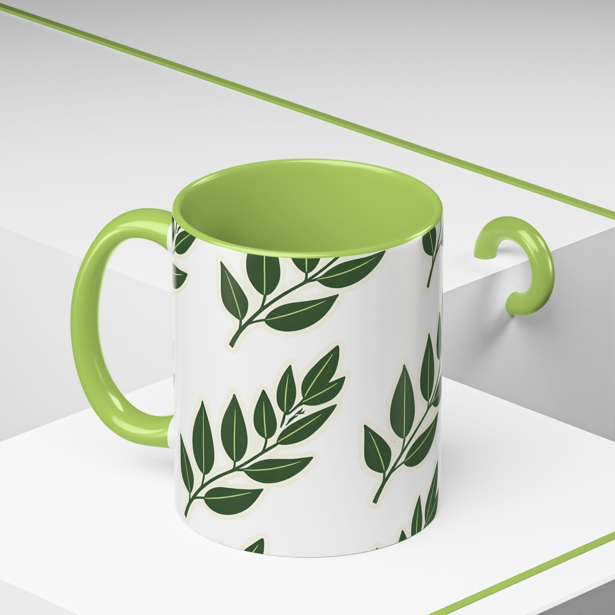 Botanical Leaf Accent Coffee Mug — Green Foliage Ceramic Cup (11/15oz)