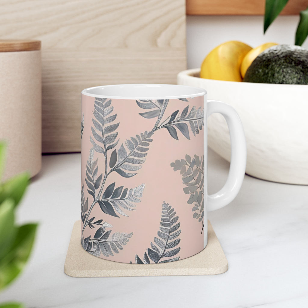 Ceramic printed Mug Botanical Pink — Grey Leaf Pattern (11oz & 15oz)