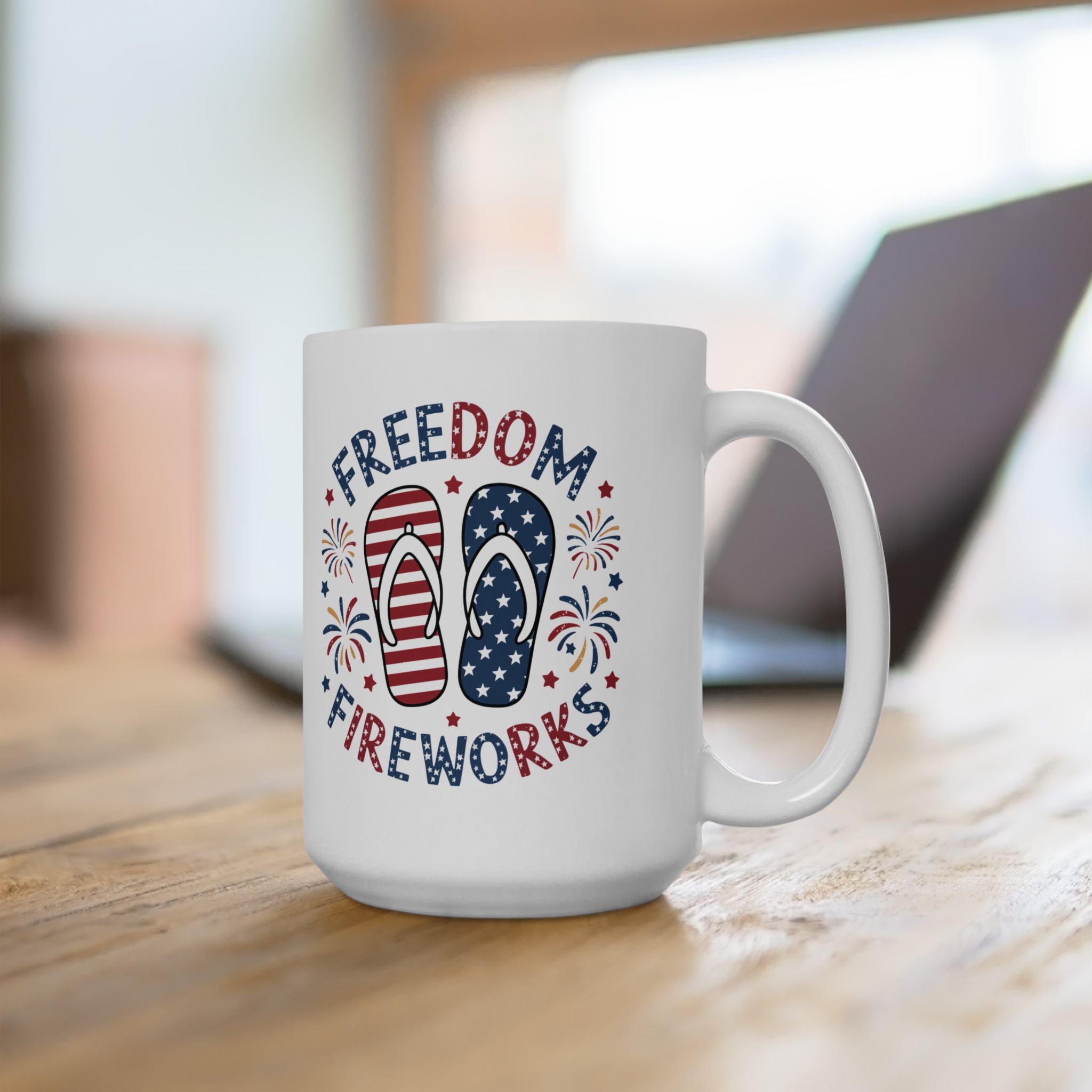 Freedom & Fireworks Ceramic Mug — Patriotic 4th of July Coffee Cup (11oz/15oz)