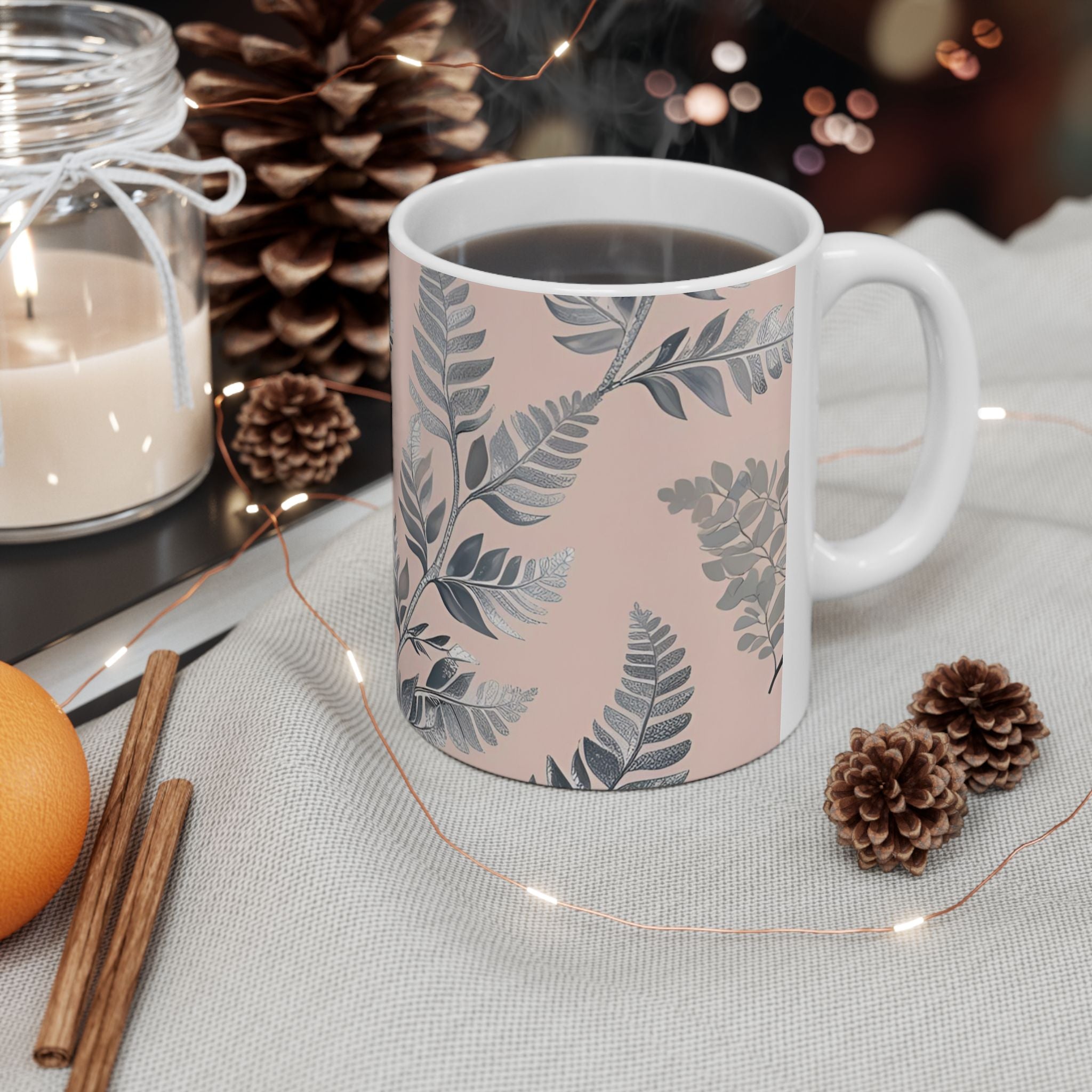 Ceramic printed Mug Botanical Pink — Grey Leaf Pattern (11oz & 15oz)