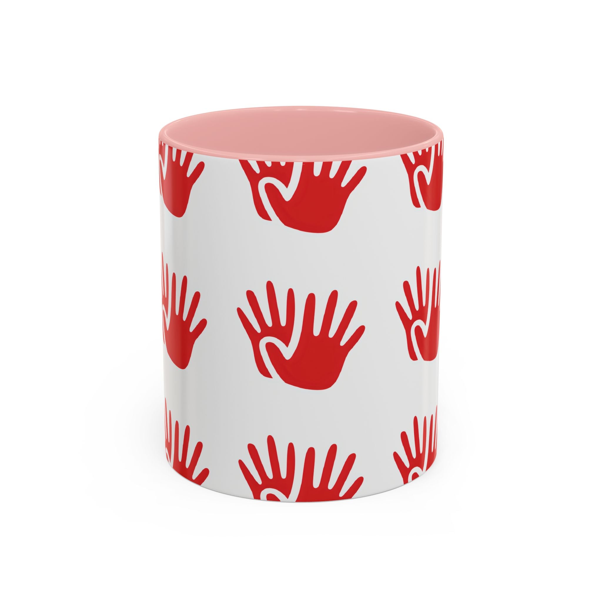 Ceramic printed coffee mug Red Handprint Pattern Accent Coffee Mug — Bold Graphic Ceramic Mug (11/15oz)