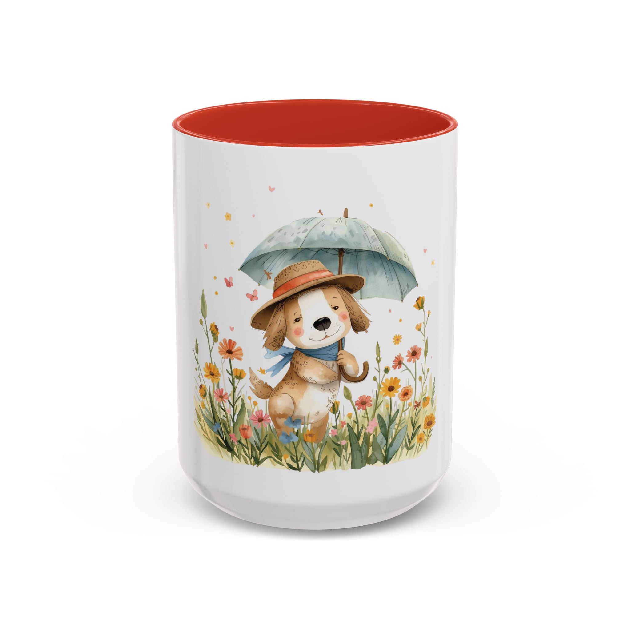 Cute Puppy with Umbrella Coffee Mug — Floral Accent Ceramic Mug (11/15oz)