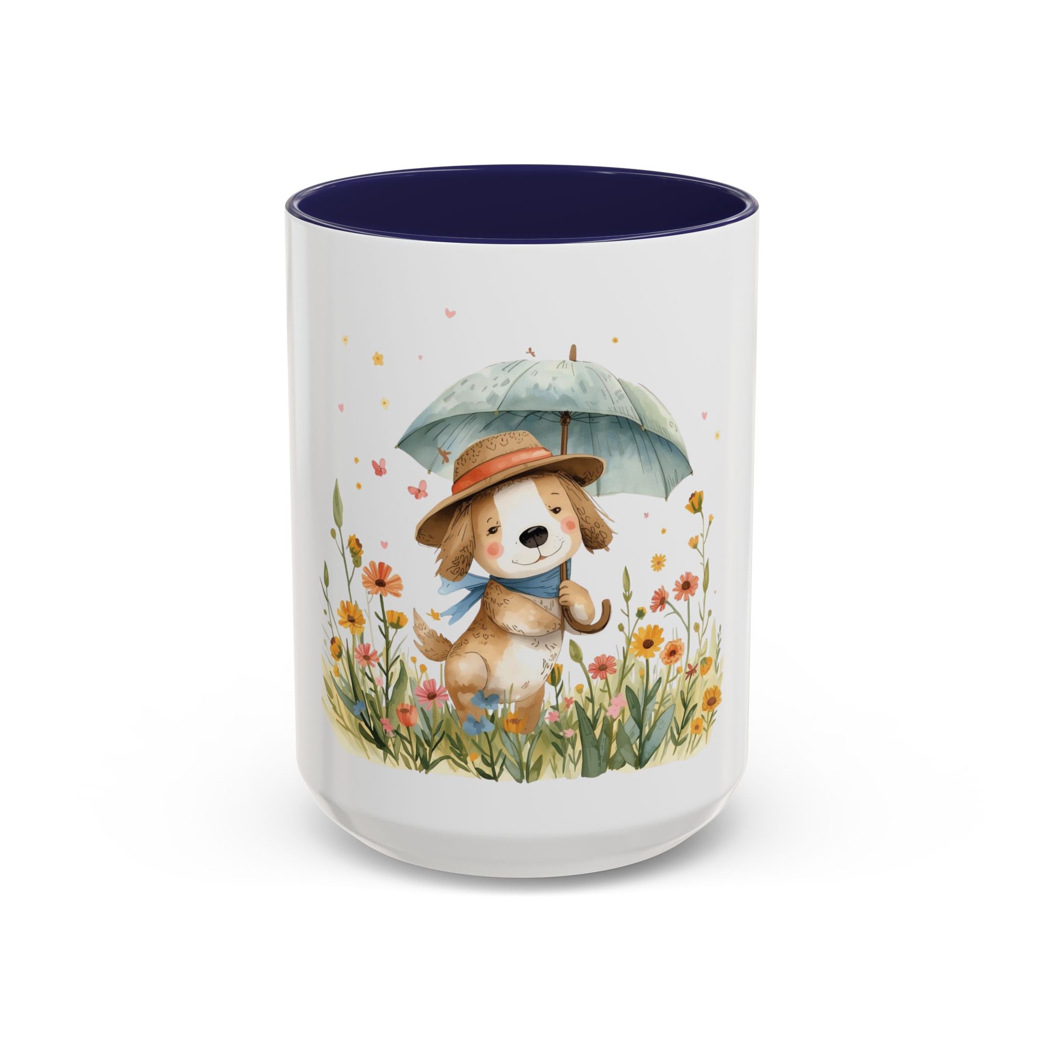 Cute Puppy with Umbrella Coffee Mug — Floral Accent Ceramic Mug (11/15oz)