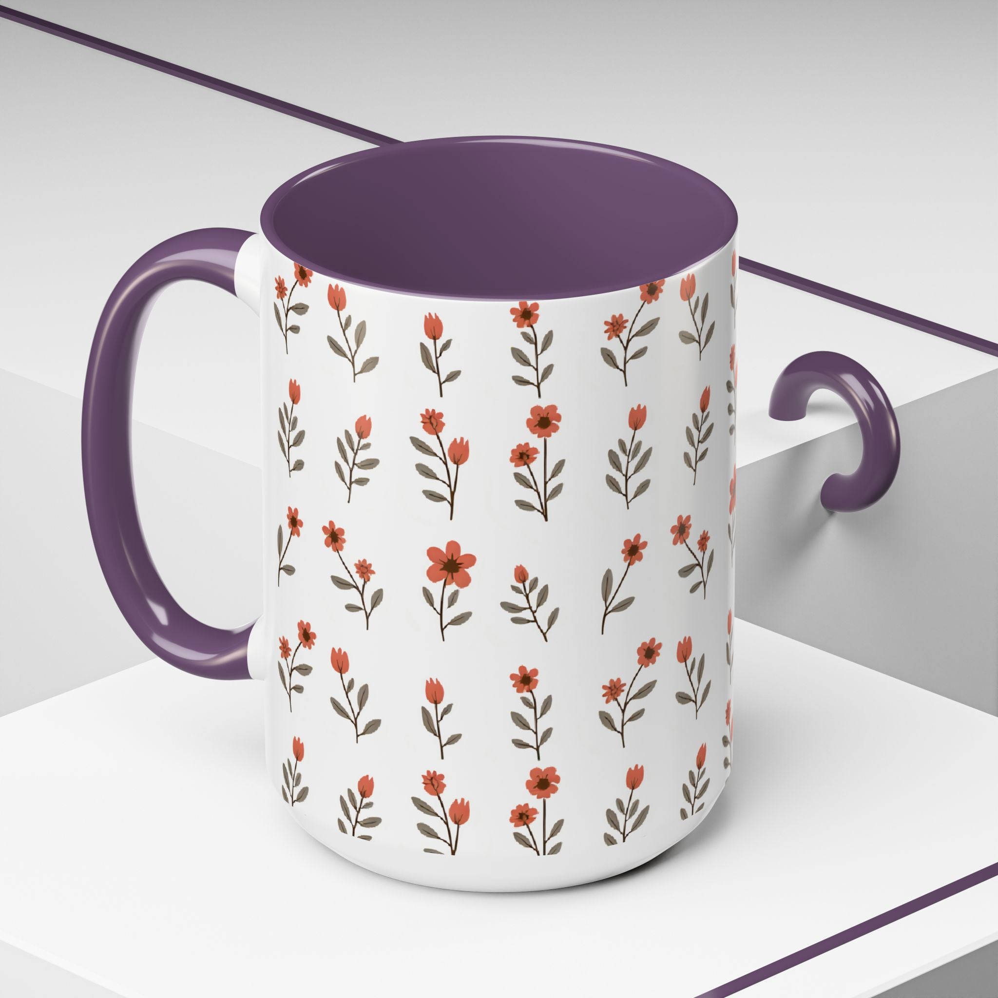 Ceramic printed coffee mug Floral Accent Coffee Mug — Cute Red Wildflower Pattern (11/15oz)