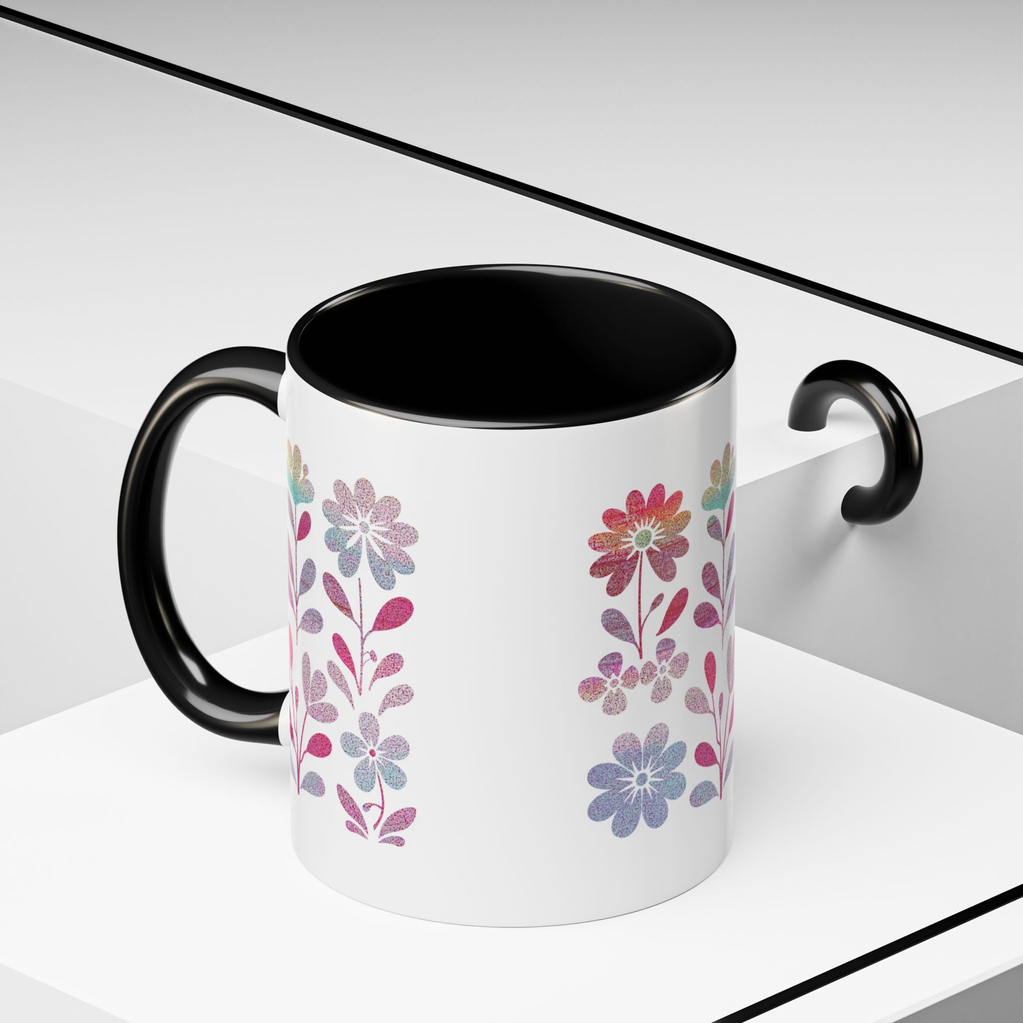 Floral Watercolor Accent Coffee Mug — Pastel Flower Pattern (11/15oz)