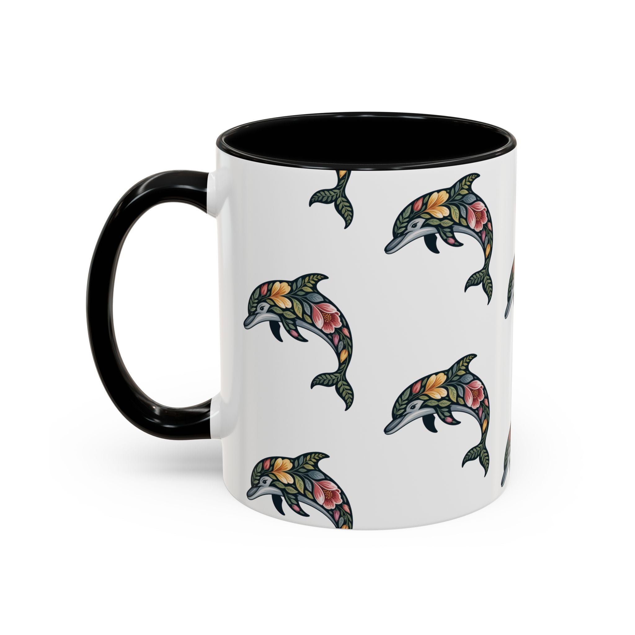 Floral Dolphin Accent Coffee Mug — Colorful Ocean Pattern 11/15oz