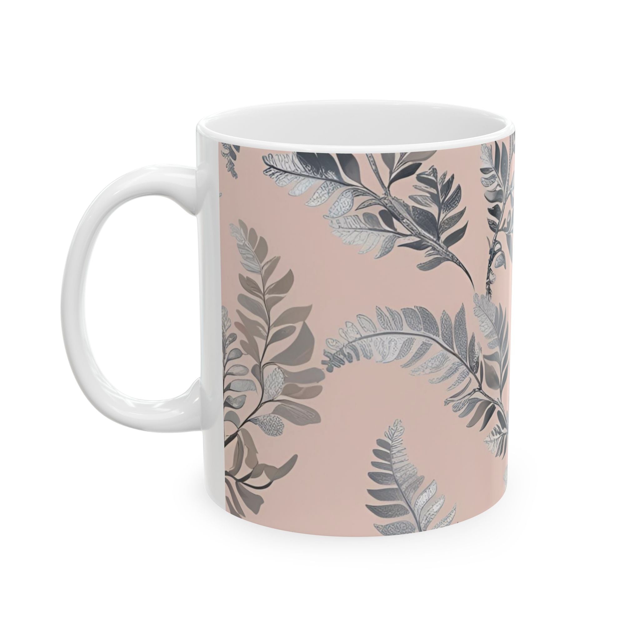 Ceramic printed Mug Botanical Pink — Grey Leaf Pattern (11oz & 15oz)
