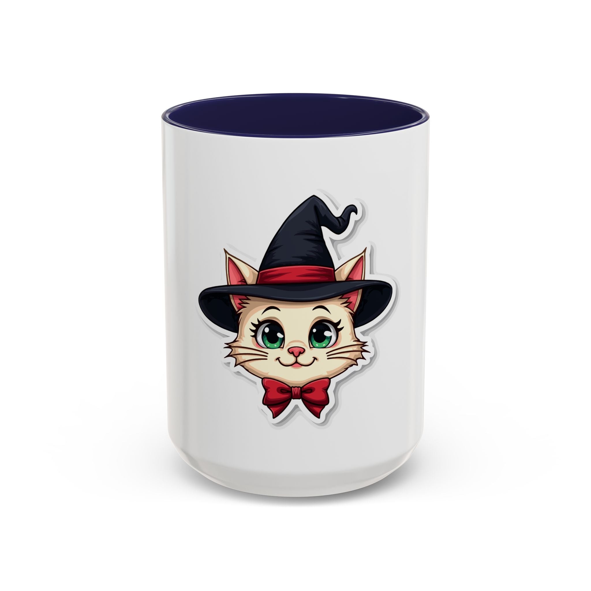 Witch Cat Accent Coffee Mug — Cute Halloween Cat with Witch Hat (11/15oz)