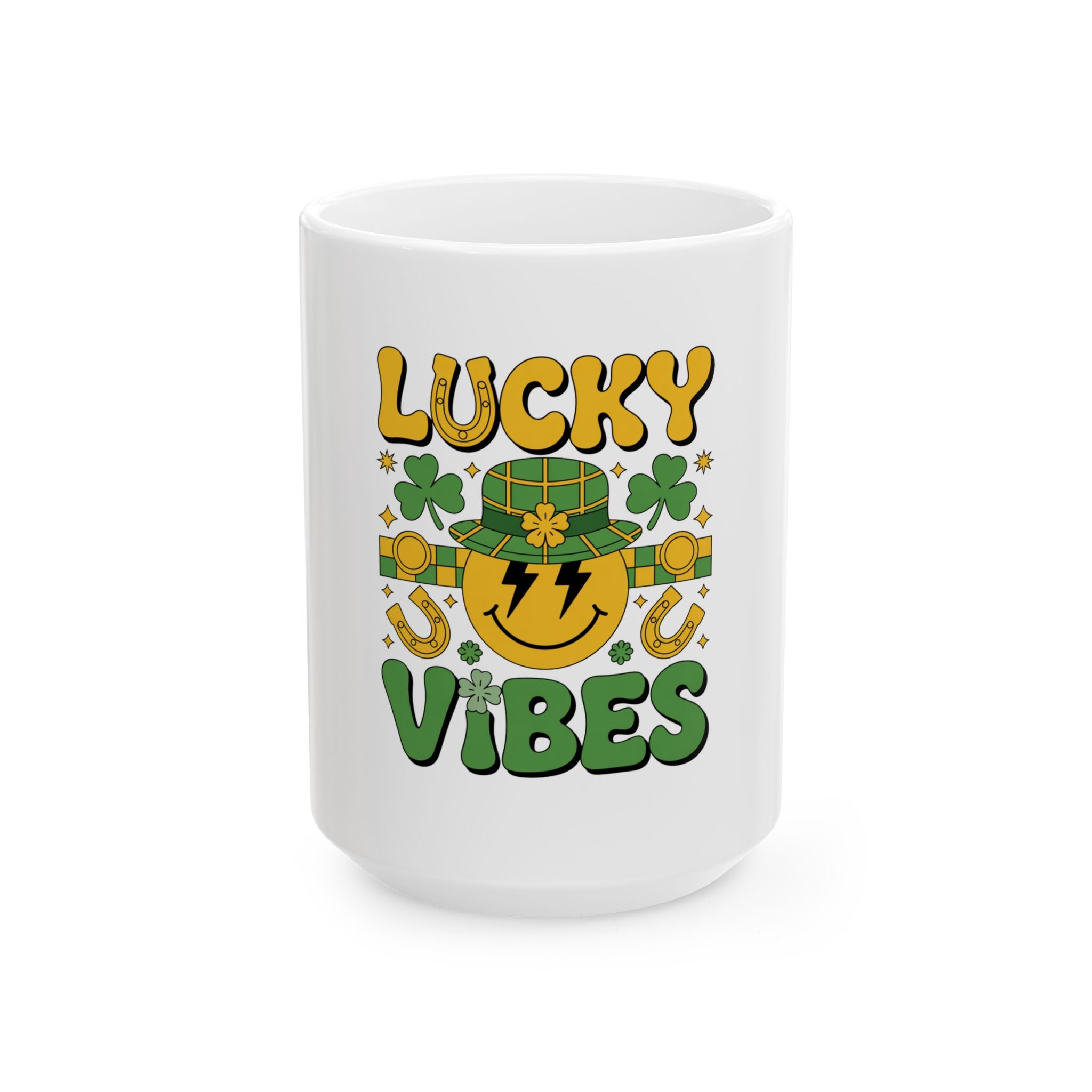 Lucky Vibes Ceramic Mug — St. Patrick’s Day Shamrock & Horseshoe Coffee Cup (11oz/15oz)