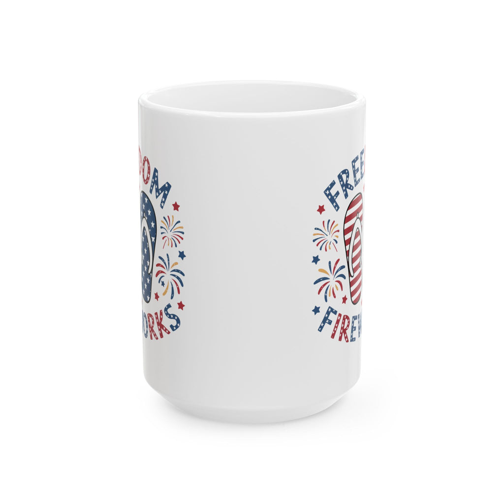 Freedom & Fireworks Ceramic Mug — Patriotic 4th of July Coffee Cup (11oz/15oz)