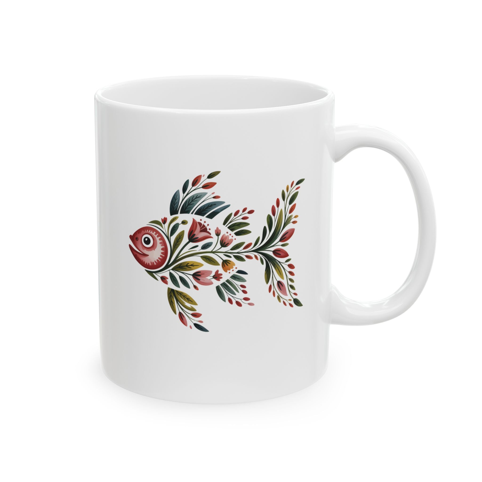Floral Fish Ceramic Mug – Artistic Red & Green Nature Design (11oz, 15oz)