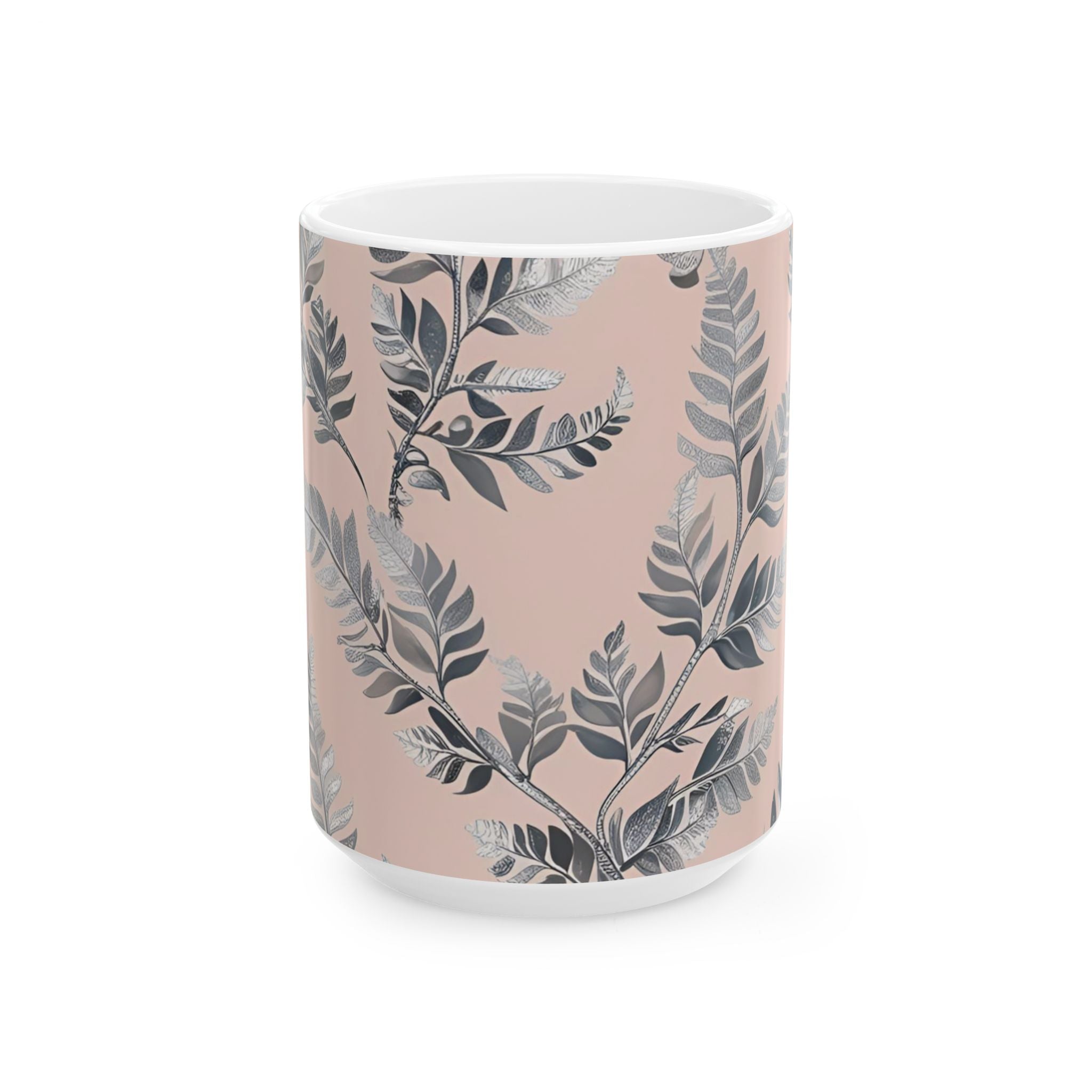 Ceramic printed Mug Botanical Pink — Grey Leaf Pattern (11oz & 15oz)
