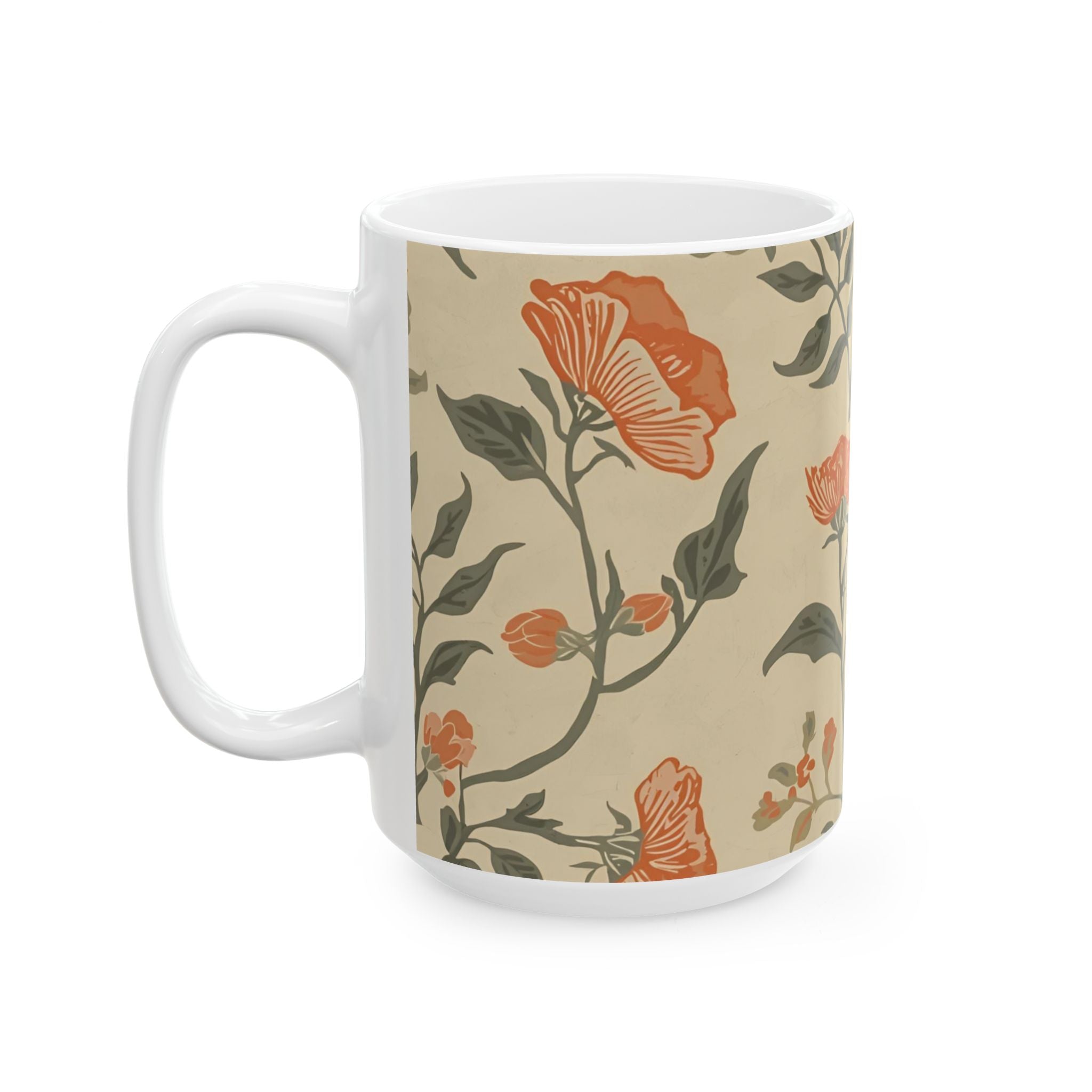 Ceramic Printed Mug Floral Vintage — Neutral Botanical Pattern (15oz)