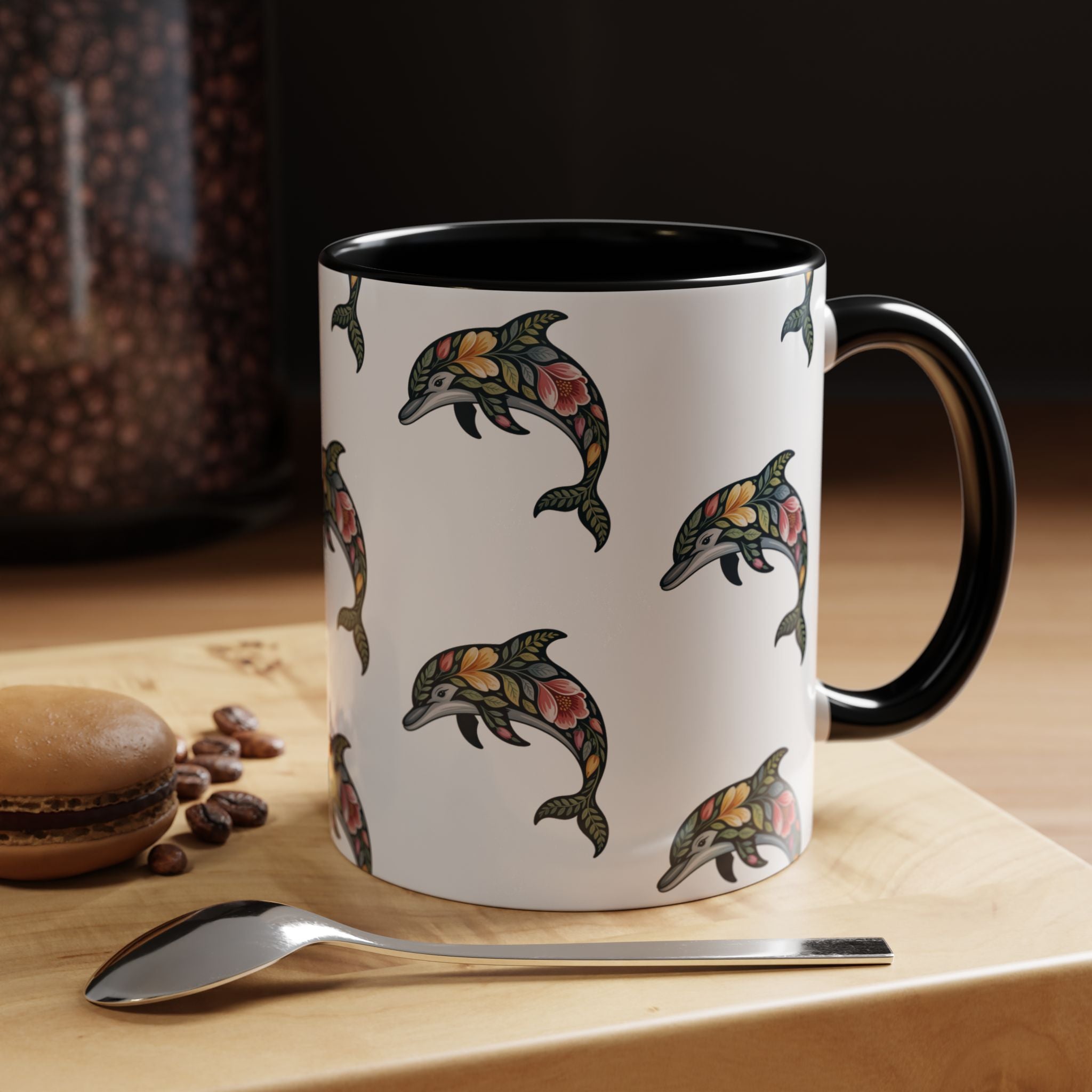 Floral Dolphin Accent Coffee Mug — Colorful Ocean Pattern 11/15oz