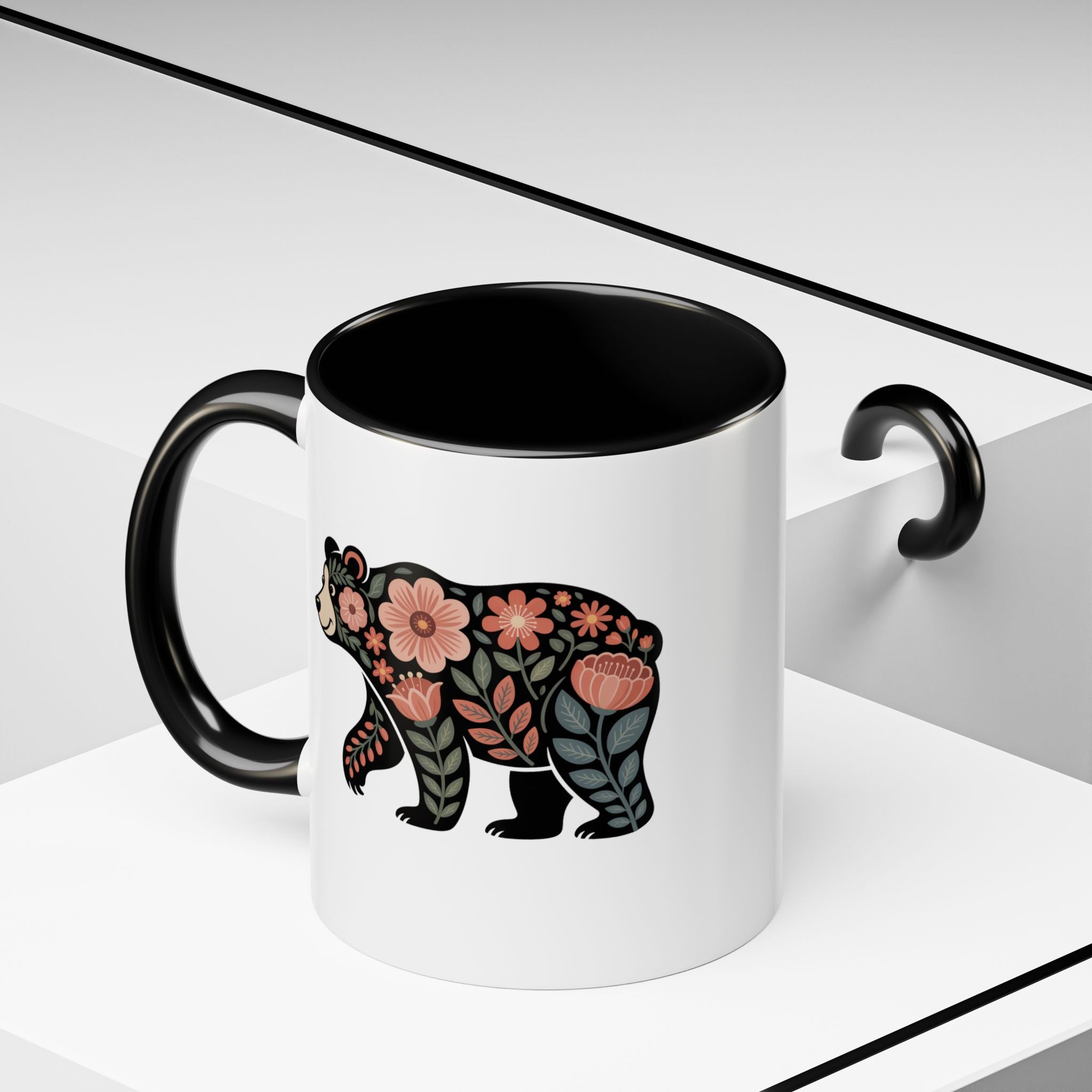 Floral Bear Accent Coffee Mug – 11/15oz Decorative Floral Animal Ceramic Mug