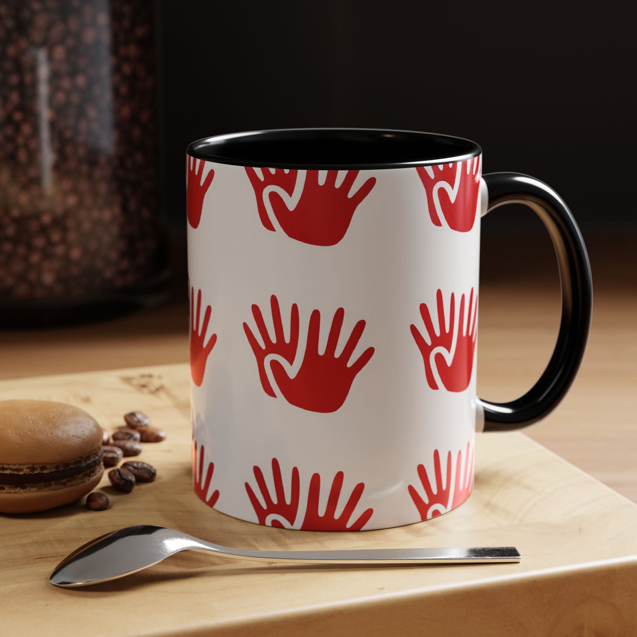 Ceramic printed coffee mug Red Handprint Pattern Accent Coffee Mug — Bold Graphic Ceramic Mug (11/15oz)