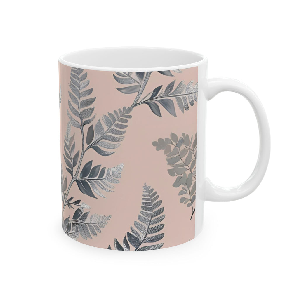 Ceramic printed Mug Botanical Pink — Grey Leaf Pattern (11oz & 15oz)