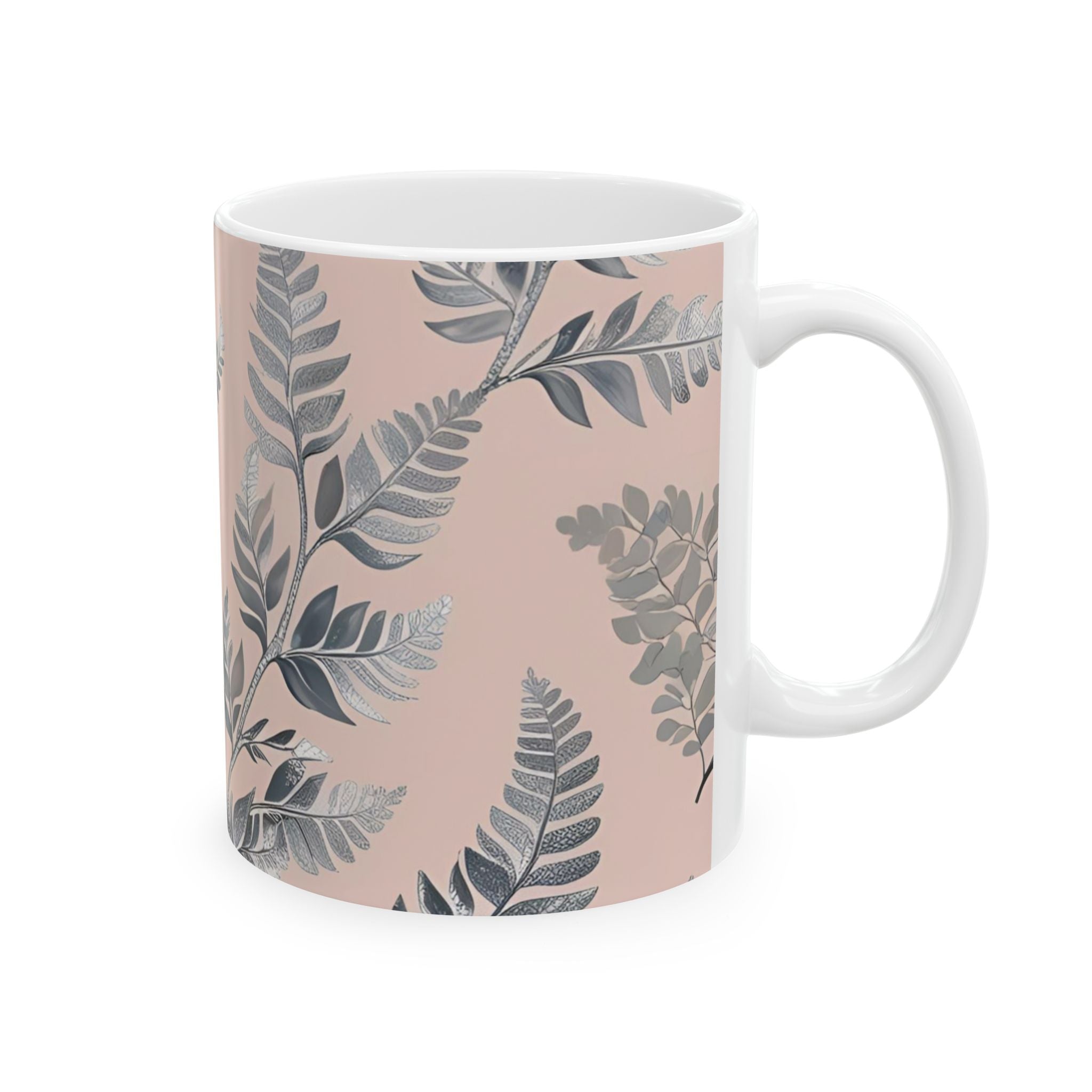 Ceramic printed Mug Botanical Pink — Grey Leaf Pattern (11oz & 15oz)
