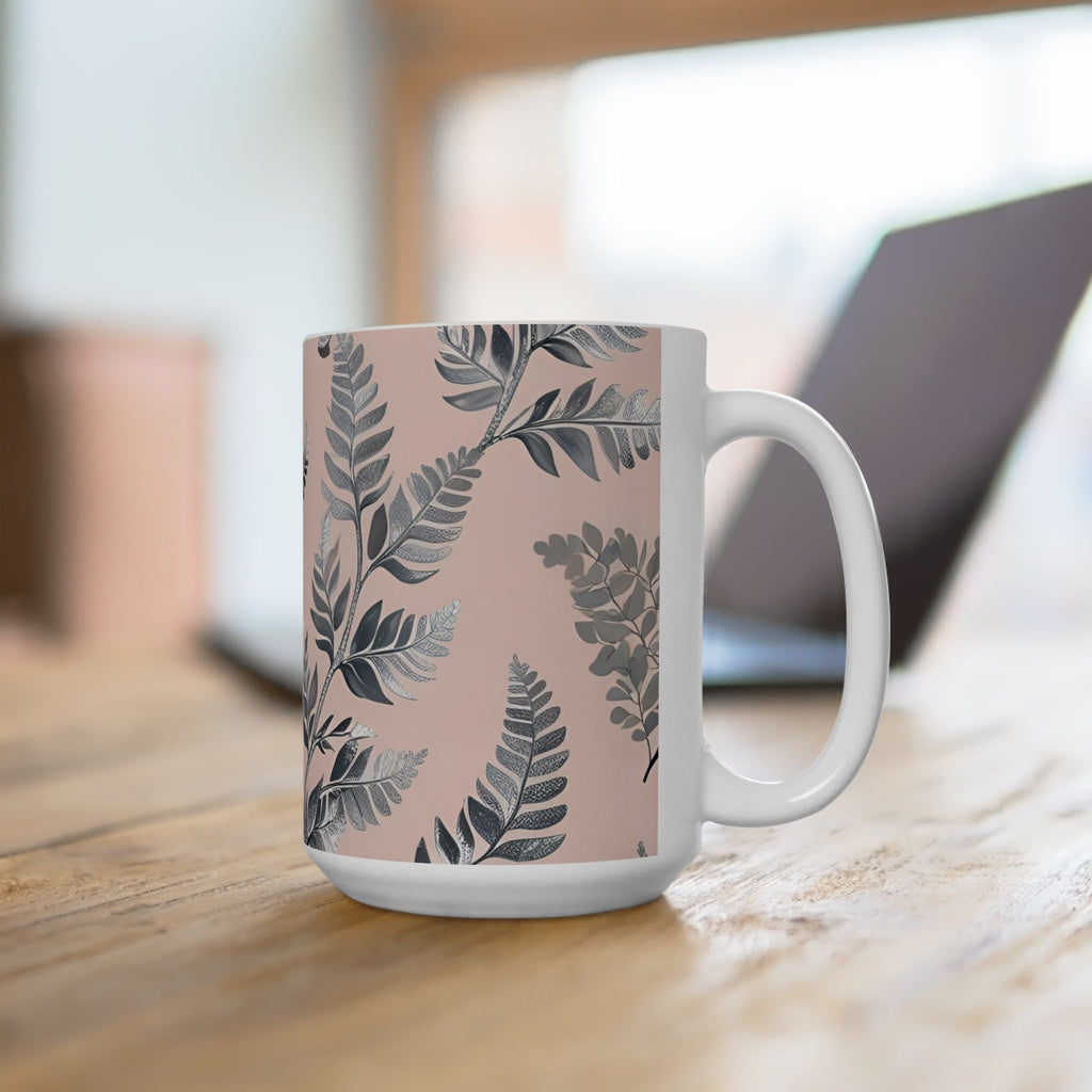 Ceramic printed Mug Botanical Pink — Grey Leaf Pattern (11oz & 15oz)