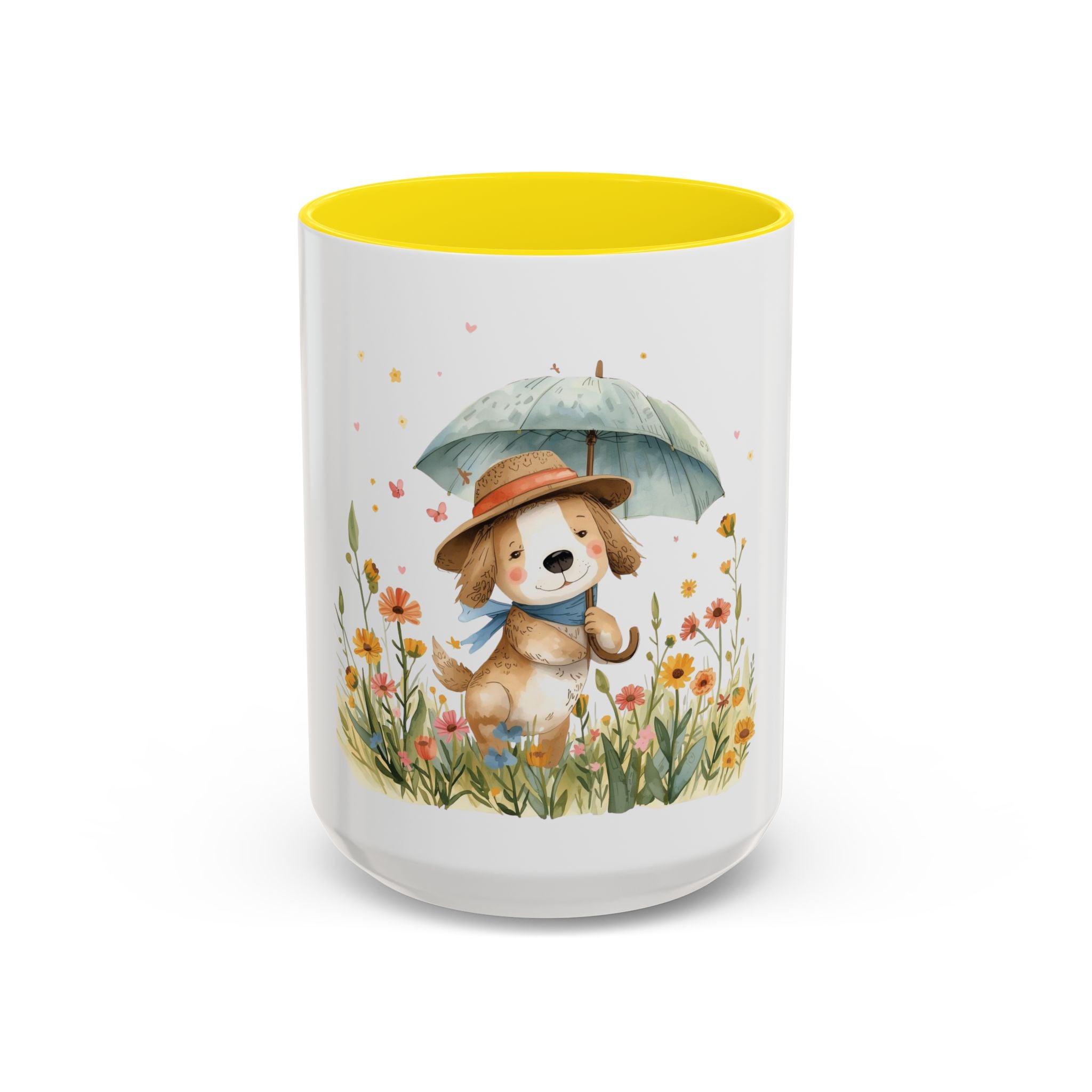 Cute Puppy with Umbrella Coffee Mug — Floral Accent Ceramic Mug (11/15oz)