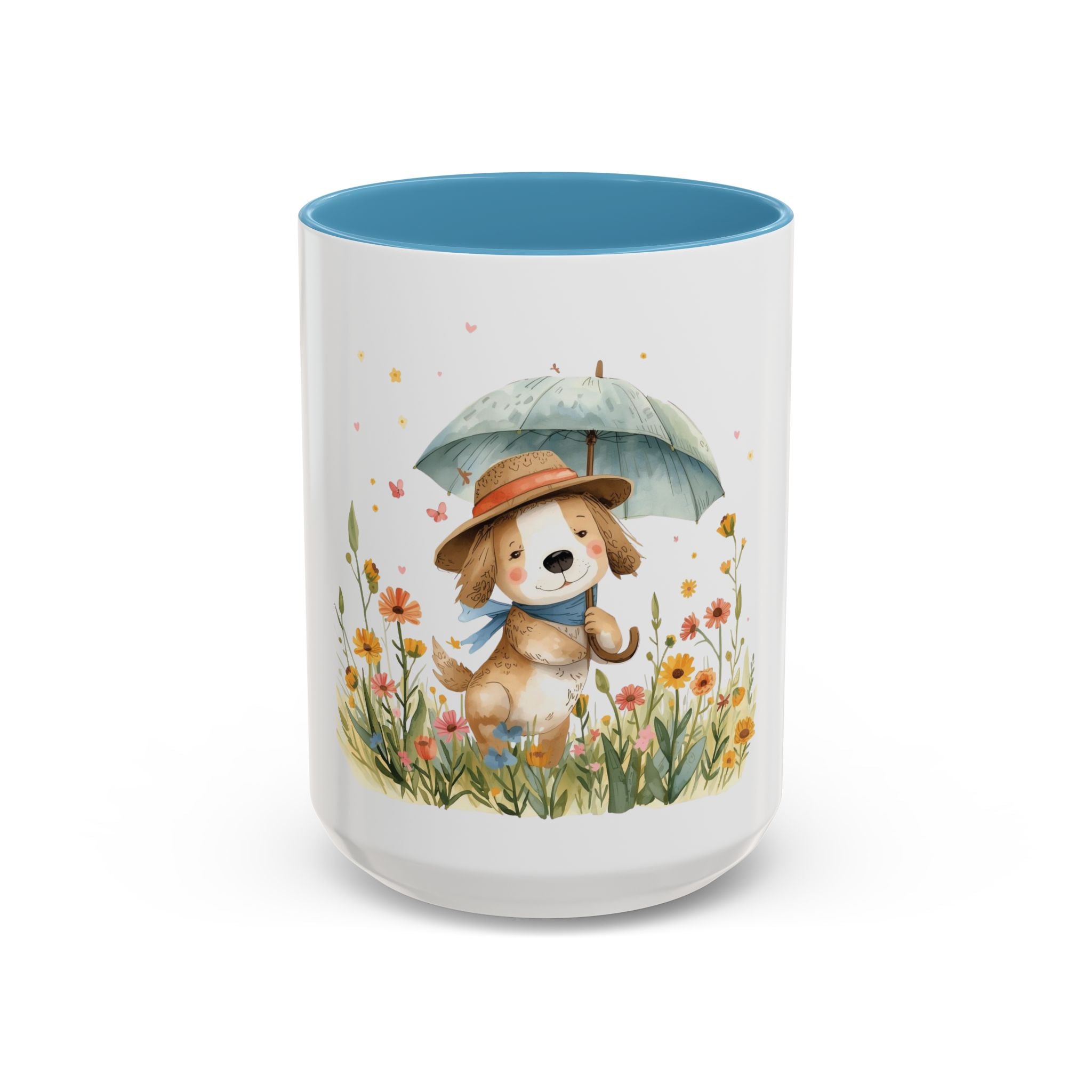 Cute Puppy with Umbrella Coffee Mug — Floral Accent Ceramic Mug (11/15oz)