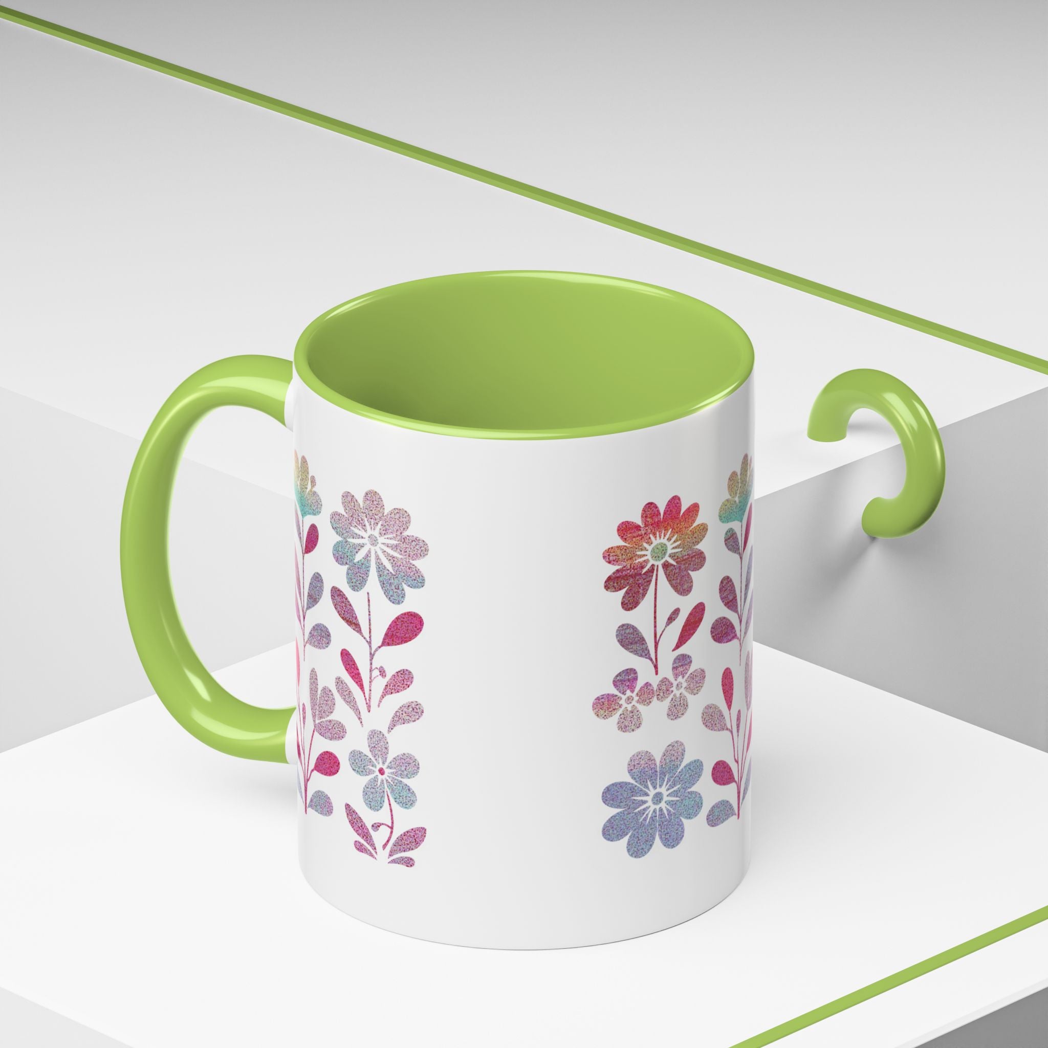 Floral Watercolor Accent Coffee Mug — Pastel Flower Pattern (11/15oz)