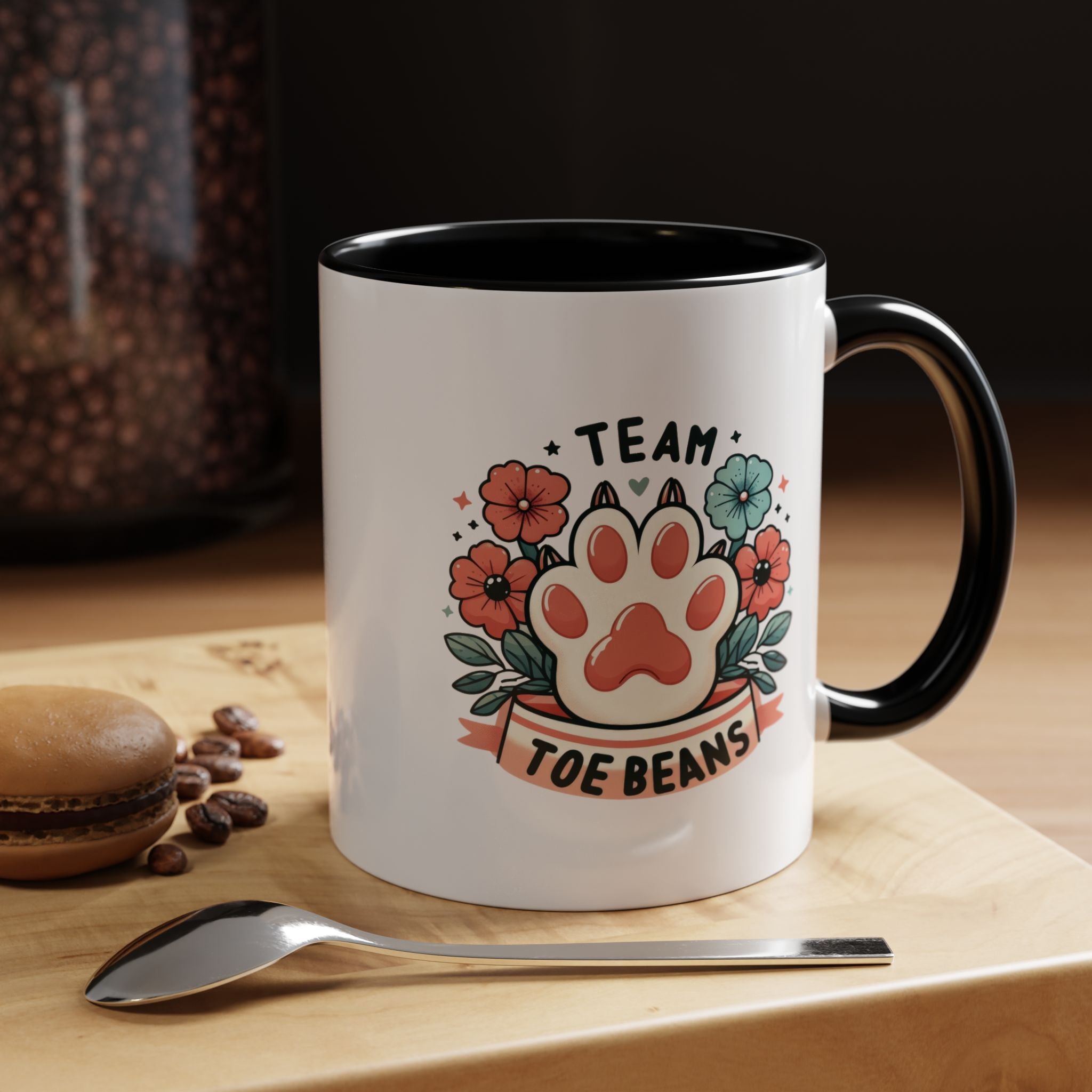 Team Toe Beans Coffee Mug — Cute Paw Print Floral Accent Mug