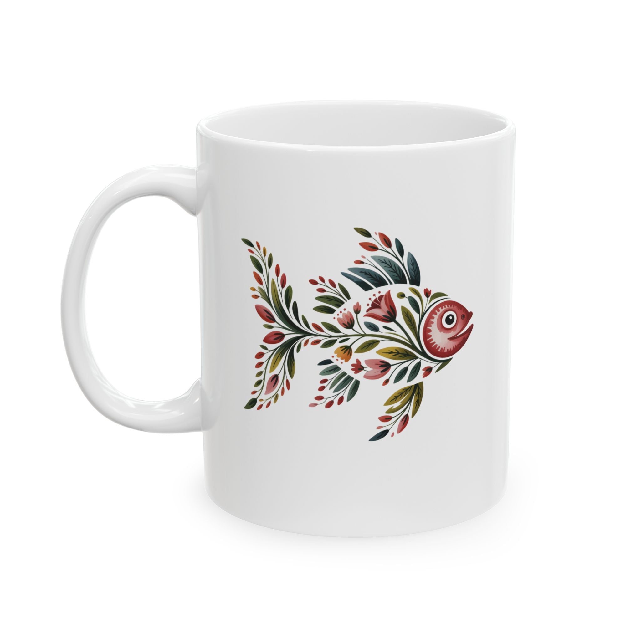 Floral Fish Ceramic Mug – Artistic Red & Green Nature Design (11oz, 15oz)