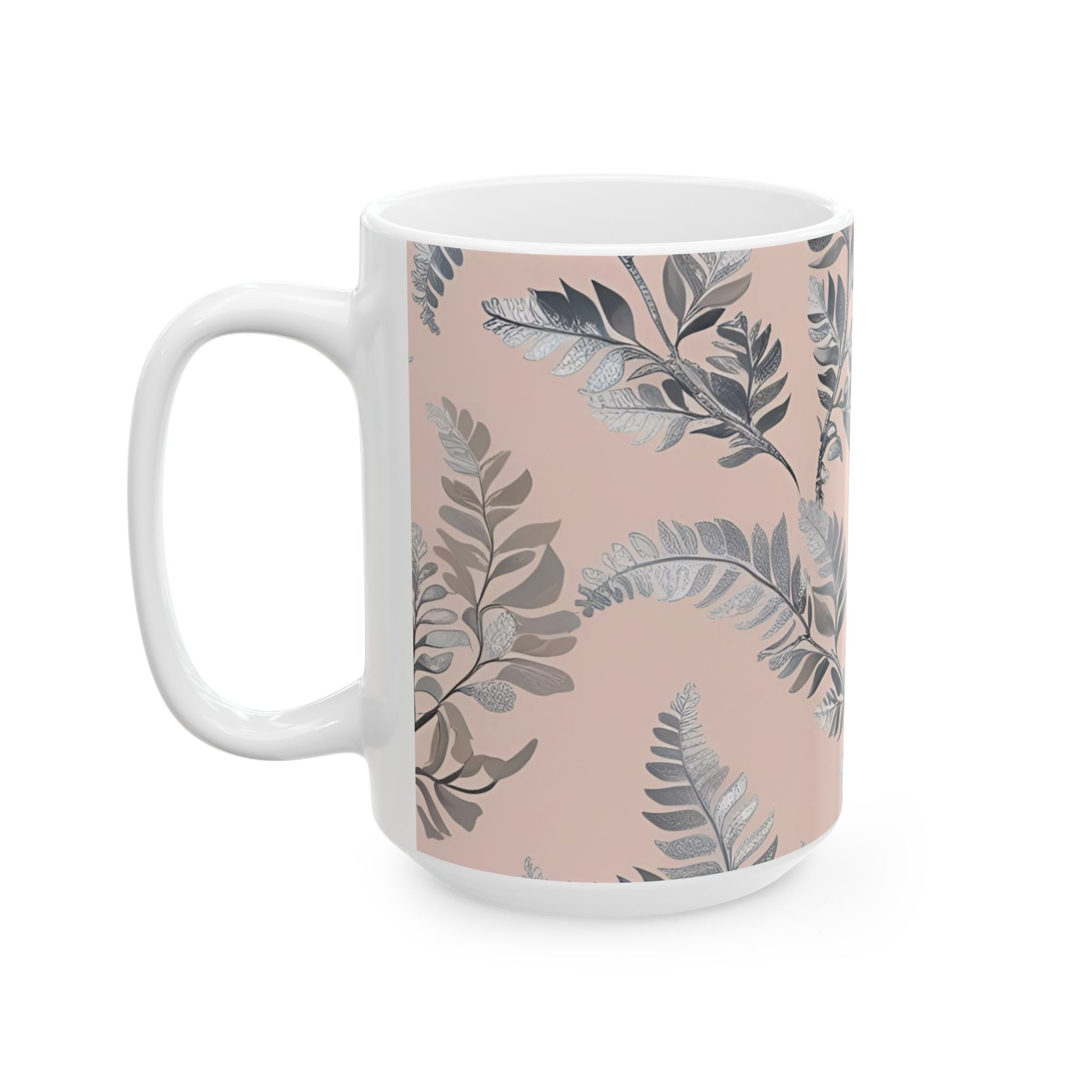Ceramic printed Mug Botanical Pink — Grey Leaf Pattern (11oz & 15oz)