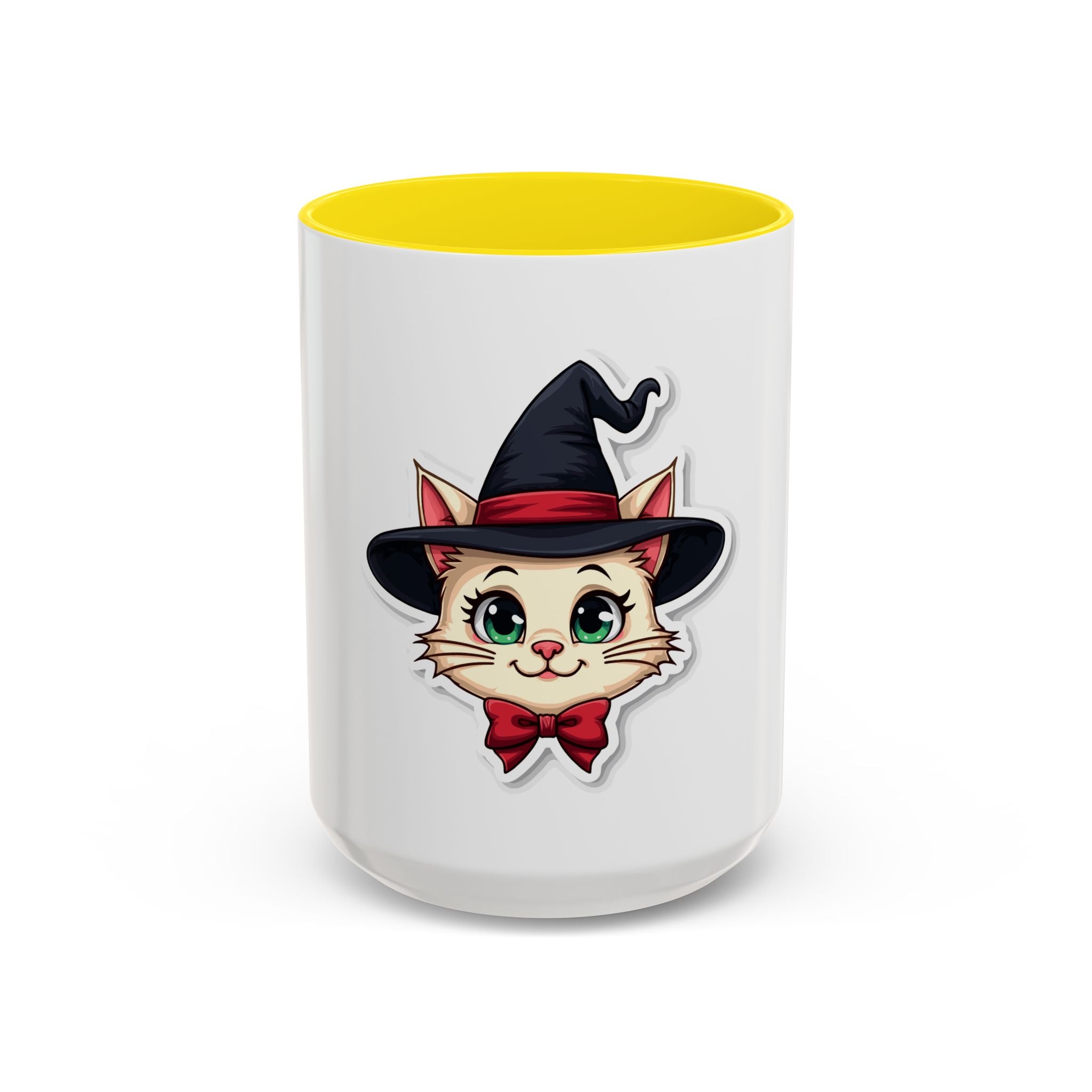 Witch Cat Accent Coffee Mug — Cute Halloween Cat with Witch Hat (11/15oz)