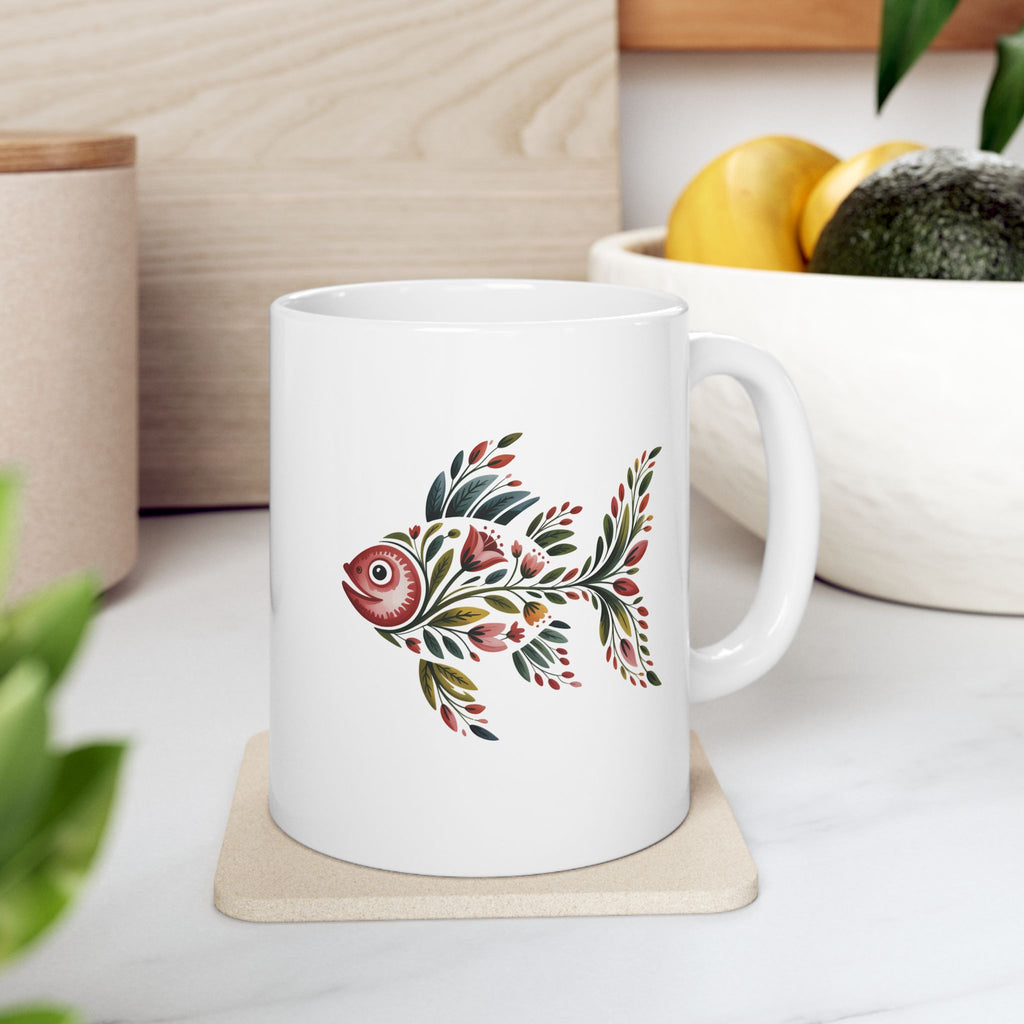 Floral Fish Ceramic Mug – Artistic Red & Green Nature Design (11oz, 15oz)